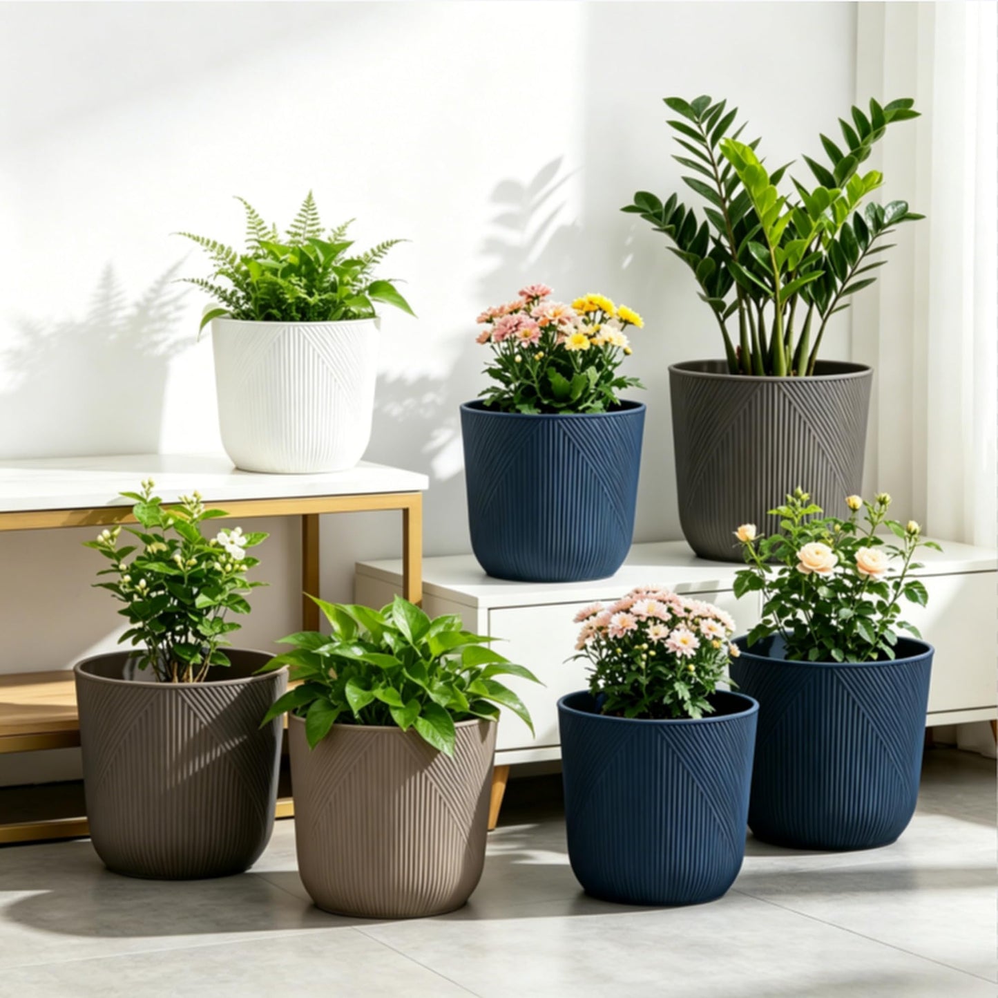 Dexceder 9x8 Striped Table Flower Plant Pot with Drainage Hole & Removable Plug (2 Pack, Deep Blue)