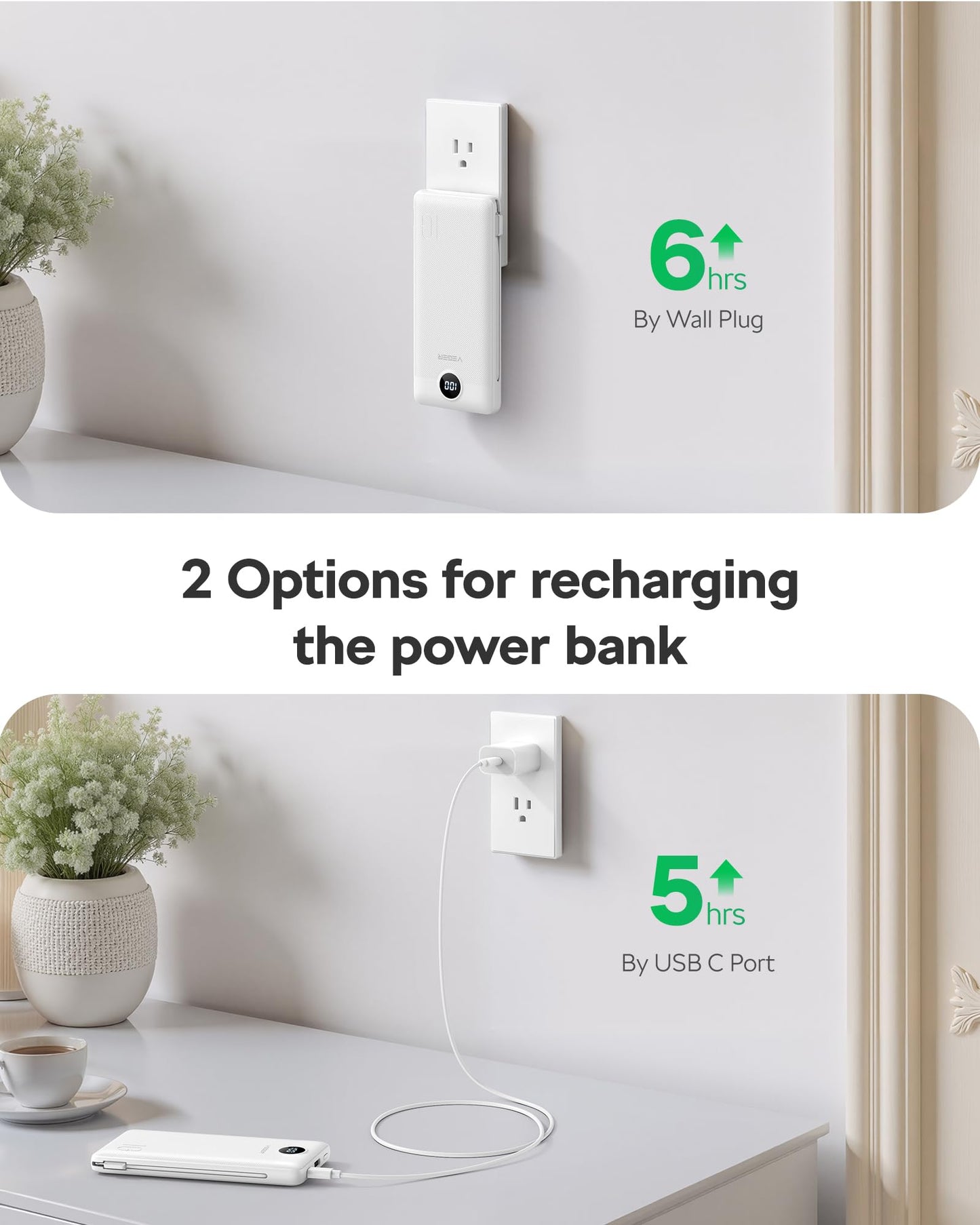 VEGER All in One Travel Portable Charger with Built-in AC Plug & Cables, 10000mAh Slim Power Bank Battery Pack, 15W Fast Charging Compatible with iPhone, Samsung, Android-White