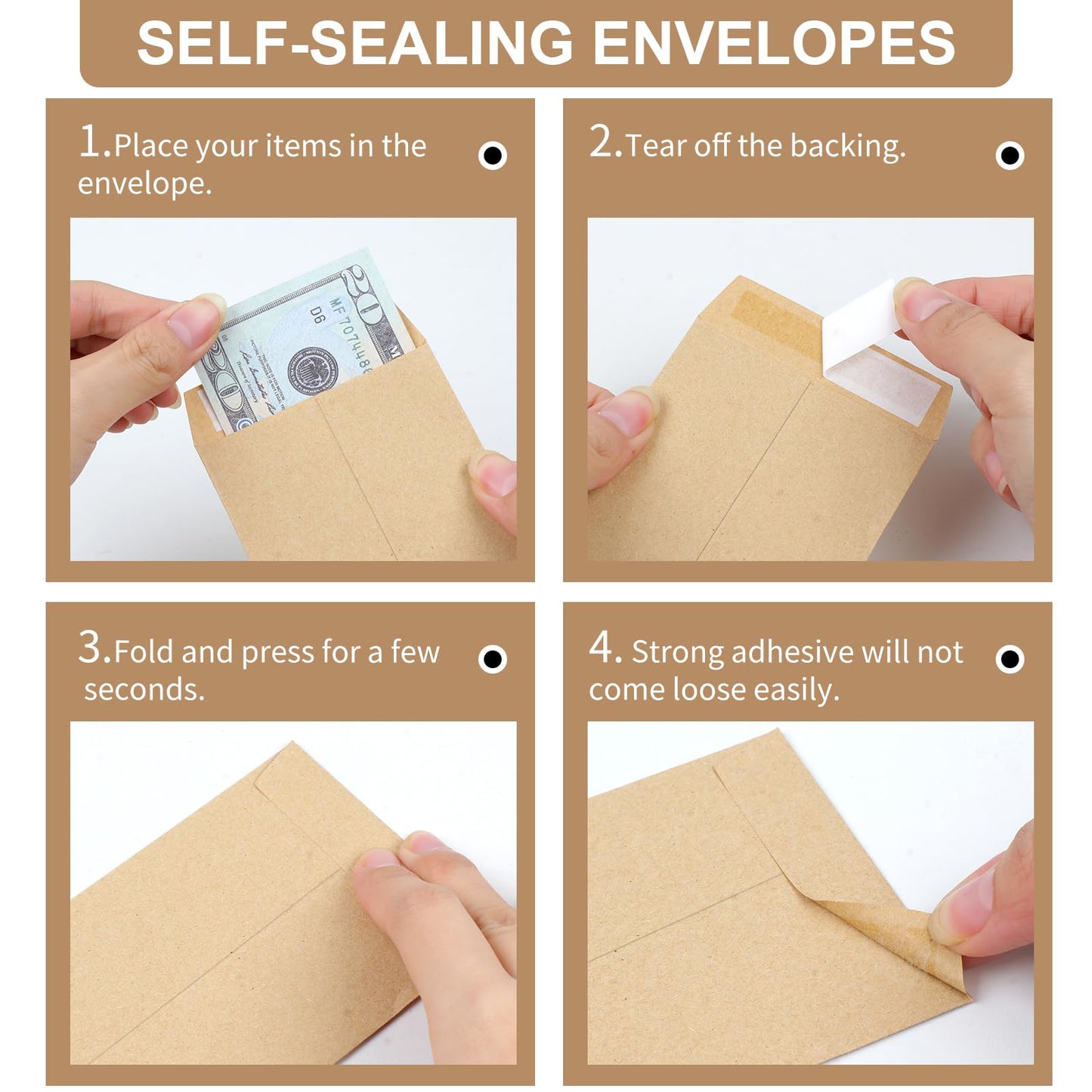 Joyberg 120 PCS Money Envelopes for Cash Kraft Paper, 6.5”x3.2” Small Cash Envelopes for Self-Adhesive, Money Saving Challenge Coin Envelopes for Coin, Check, Budget, Small Item Organizer