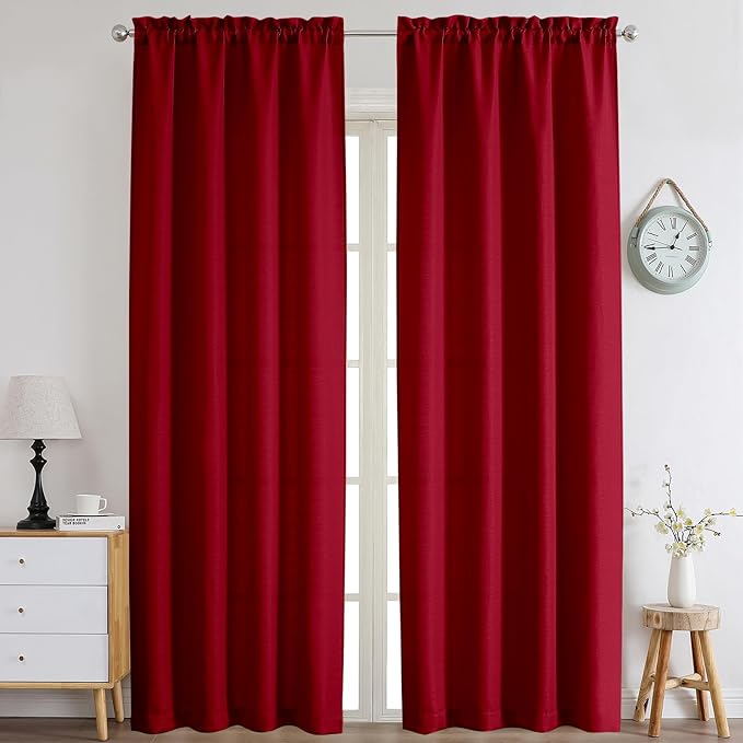Chyhomenyc Christmas Red Curtains 96 Inch Length 2 Panels, Faux Linen Textured Airy Light Filtering Soft Privacy Farmhouse Curtain Drapes for Living Room Bedroom, 40Wx96L Inch, Set of 2
