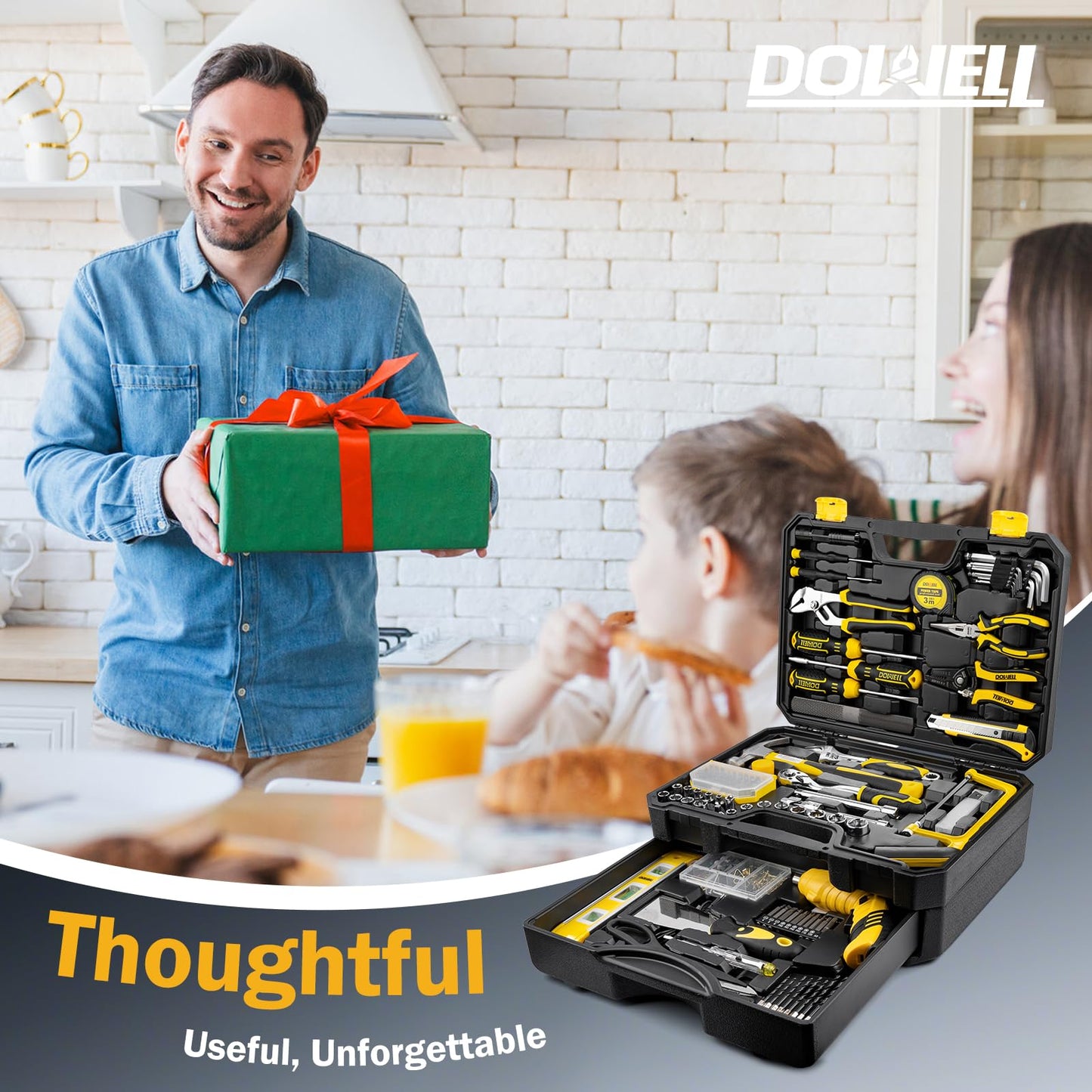 DOWELL 219-Piece Home Tool Set with 3.6V Electric Screwdriver, General Household Tool Kit in Drawer Toolbox for DIY, Furniture Assembly & Repair (Screwdriver, Hex Keys, Wrench, Hammer Included)