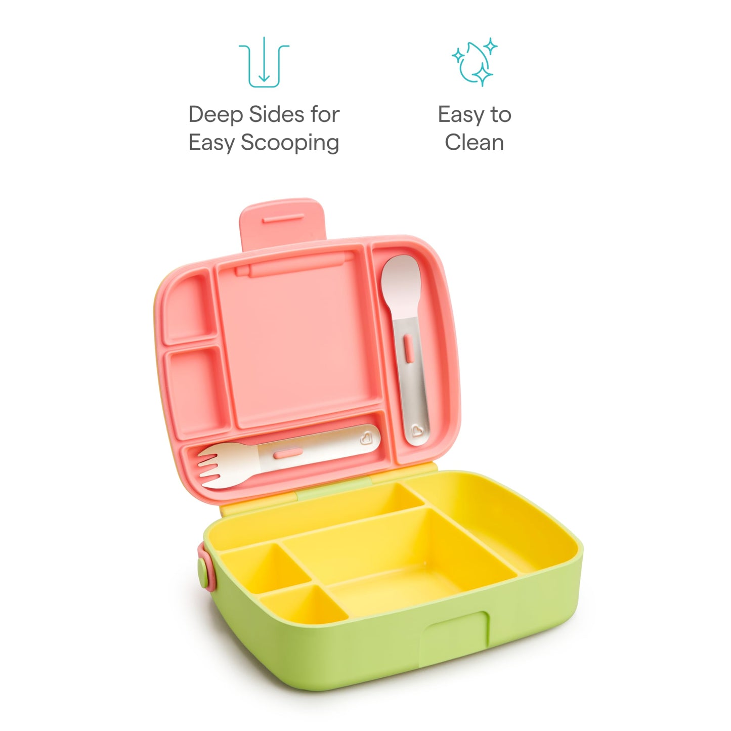 Munchkin Lunch Bento Box for Kids and Toddlers, Includes Stainless Steel Utensils, BPA-Free, 18 Months and Up, Pink/Green/Yellow
