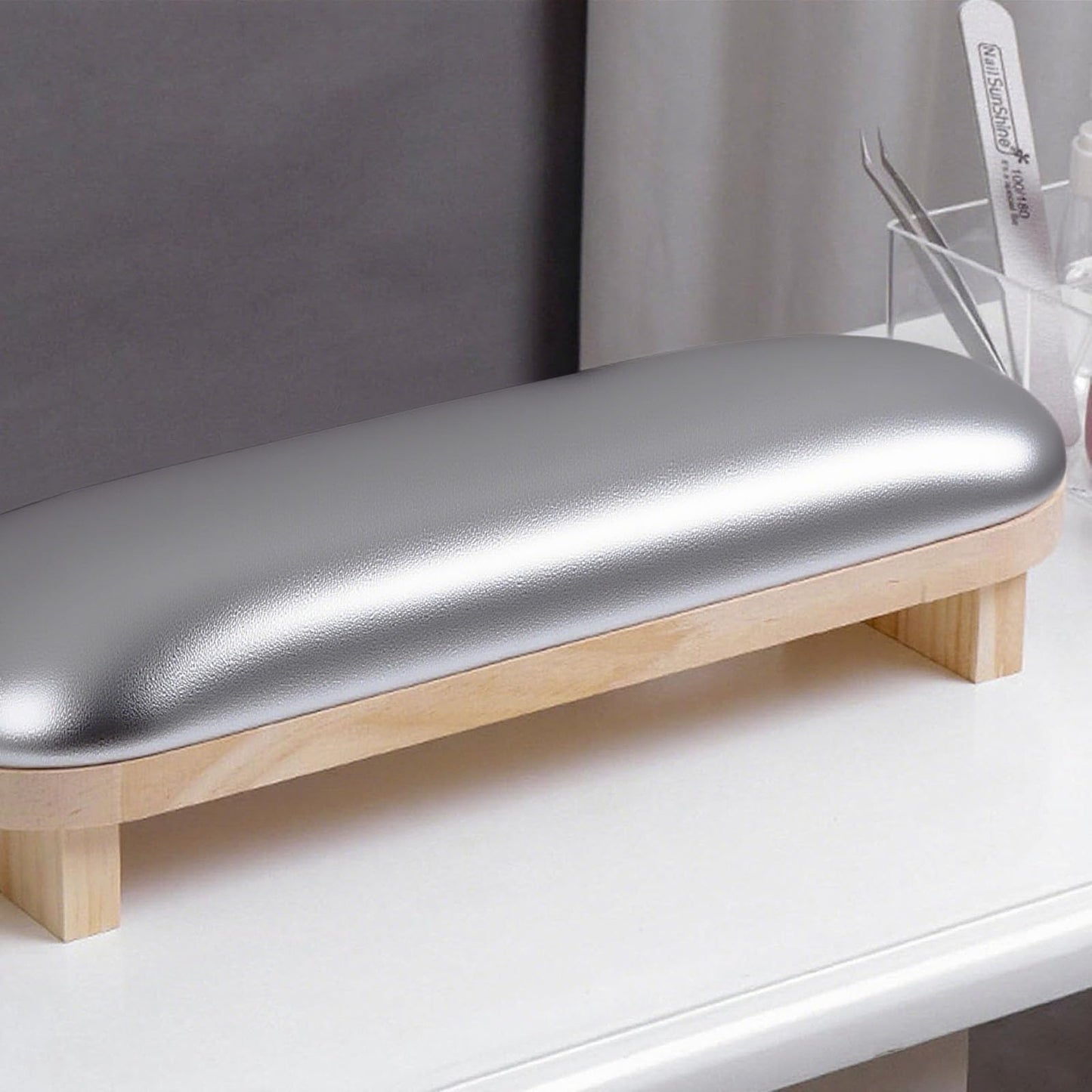 TANG SONG 1PC Sponge Manicure Hand Rest Pillow Wooden Nail Stand Hand Holder Nail Table Manicure Armrest Cushion (Silver)