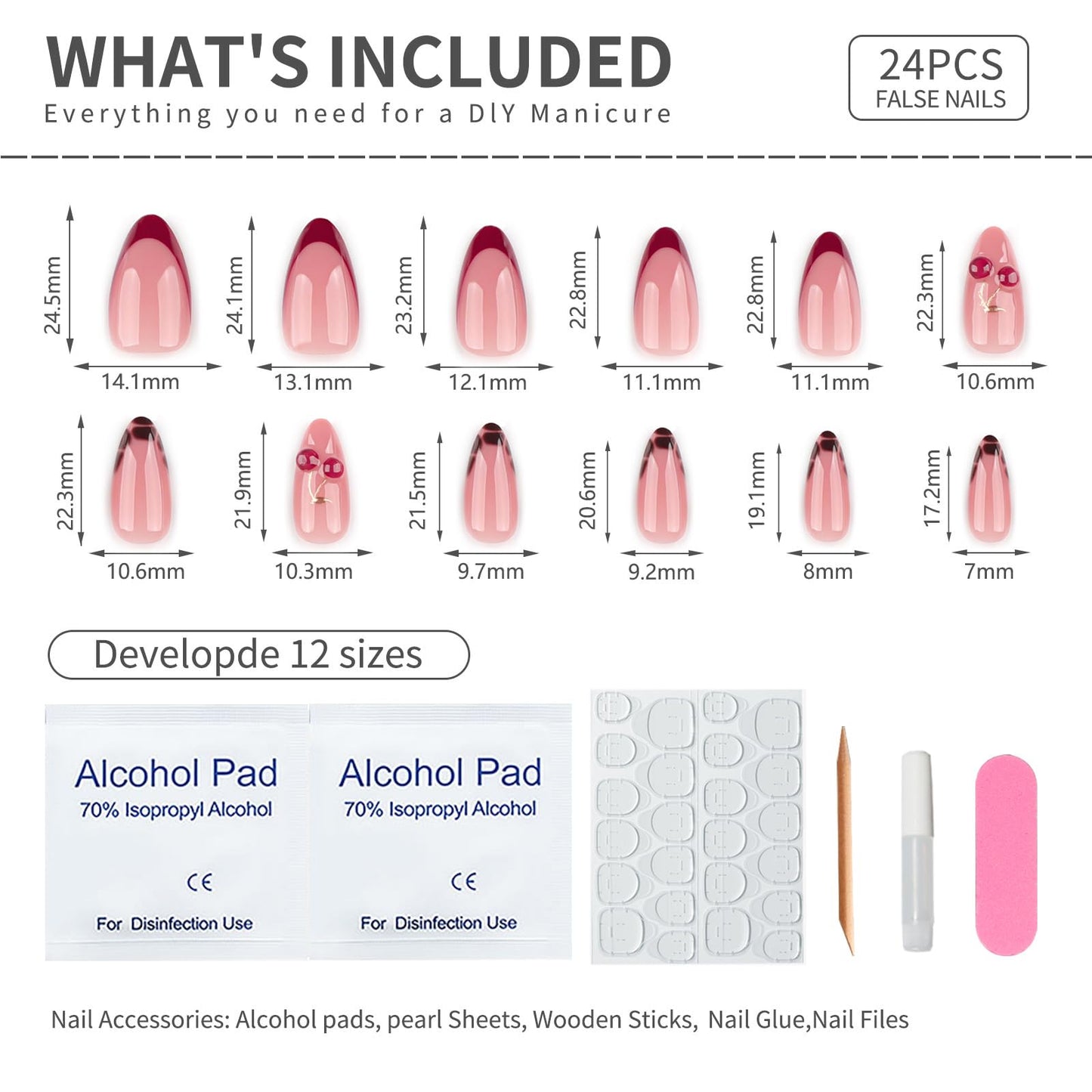 Mivota Medium Press On Nails Almond – 3D Cherry Design with Gold Branch, Red French Tips & Leopard Pattern, 24PCS Acrylic Fake Nails with Glue & Tools, Glossy Reusable Stick On Nails for Women