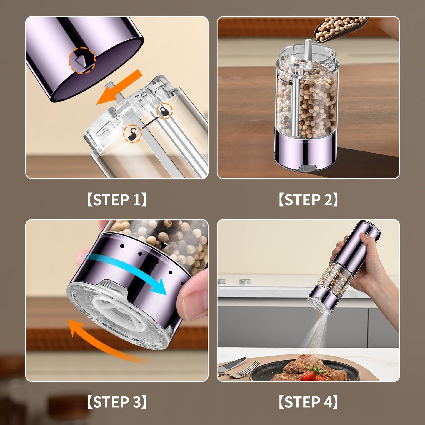 JASUNMI Rechargeable Salt & Pepper Grinder Set - Electric Automatic Grinder, Adjustable Coarseness, LED Light, One-Hand Operation, Stainless Steel & Acrylic, USB Charging, Purple (Set of 2)