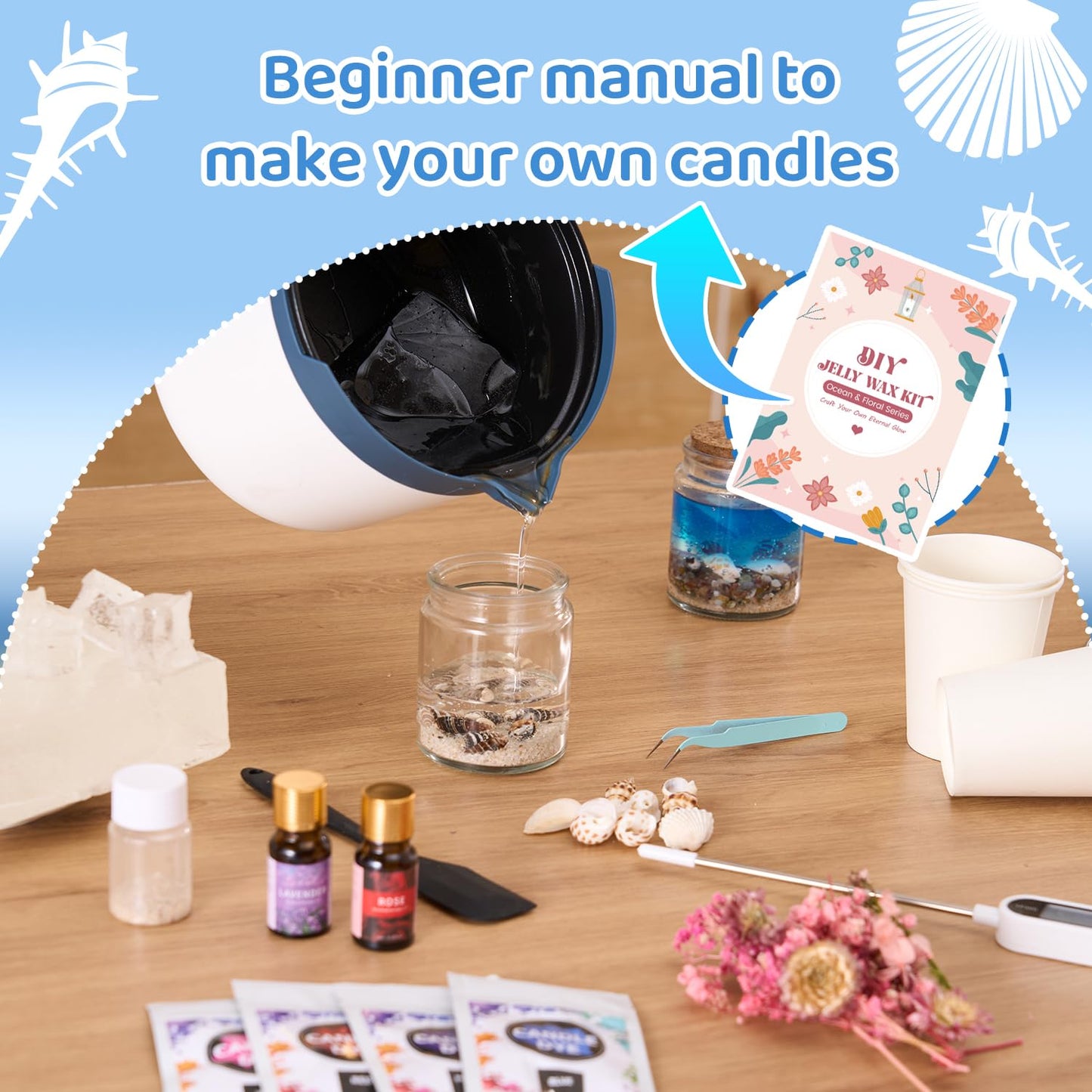 DIY Jelly Wax Candle Making Kit with Jars - Complete Transparent Gel Candle Maker Kit, Ocean Theme Gel Kit & Floral Jelly Wax Set, Includes Dried Flowers, Shells & Essential Oils