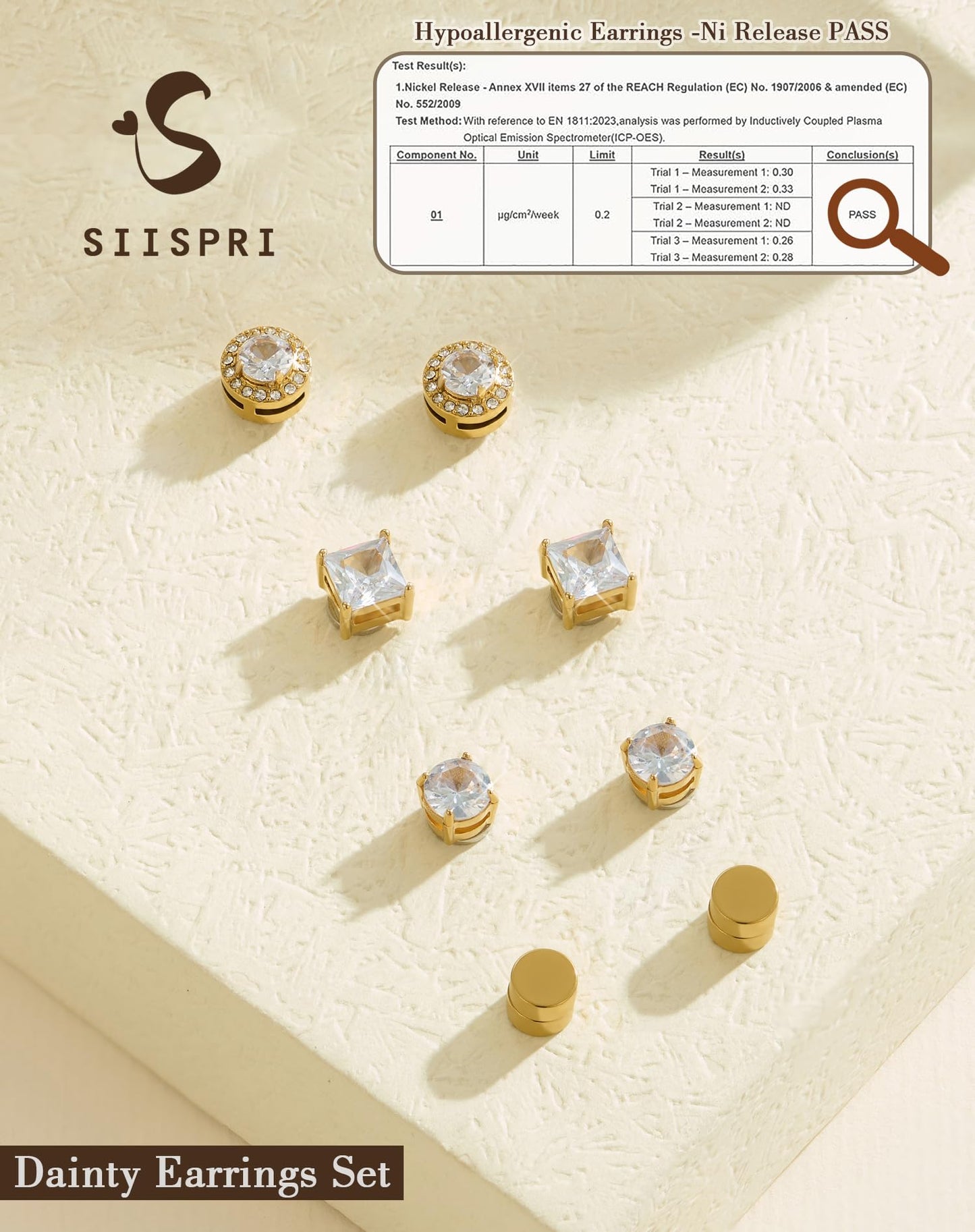 SIISPRI Magnetic Stud Earrings for Women Men, Non-piercing CZ Halo Studs, Hypoallergenic 18K Gold Plated Surgical Steel Clip on Stud Earrings Set for Sensitive Ears (Gold Tone-Set)