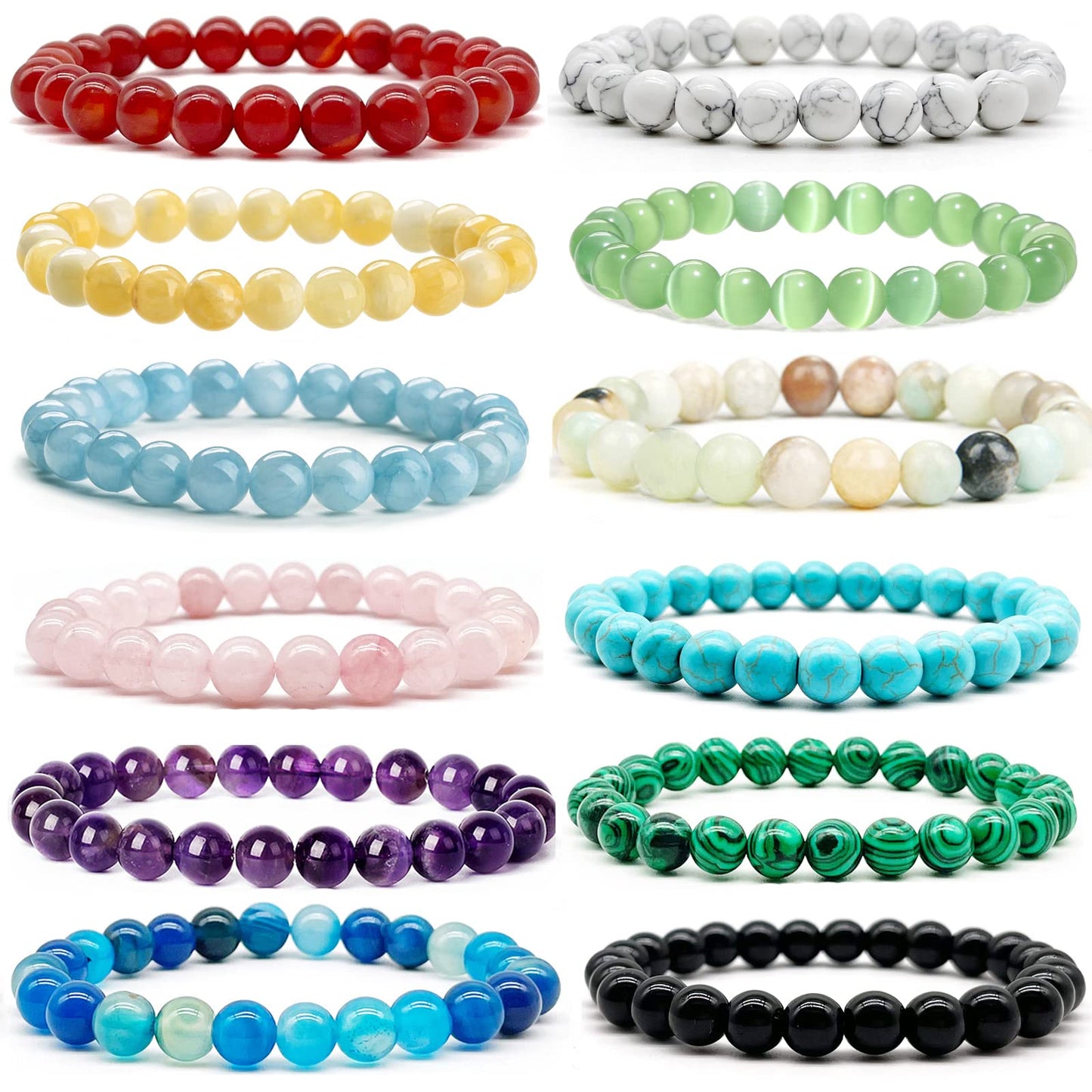SROBENZ 12 PCS Gemstone 8mm Round Beaded Bracelet Set Healing Crystal Stone Stretch Bracelets for Women Men Round Beads Elastic Bracelets