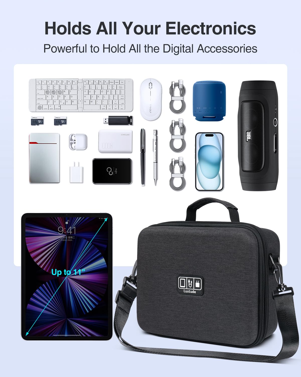 Luxtude Electronic Organizer Travel Case Large, Hard Case for Electronics with Shoulder Strap, Fits for iPad (Up to 11’’), Tech Gifts