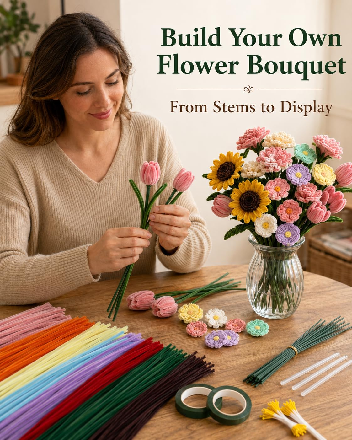 Anpyxun Pipe Cleaner Flower Kit for Adults, DIY Flower Bouquet Kit with Step-by-Step Video Tutorials, 600PCS Flower Craft Set for Beginners, Handmade Forever Flower Bouquet Making Supplies