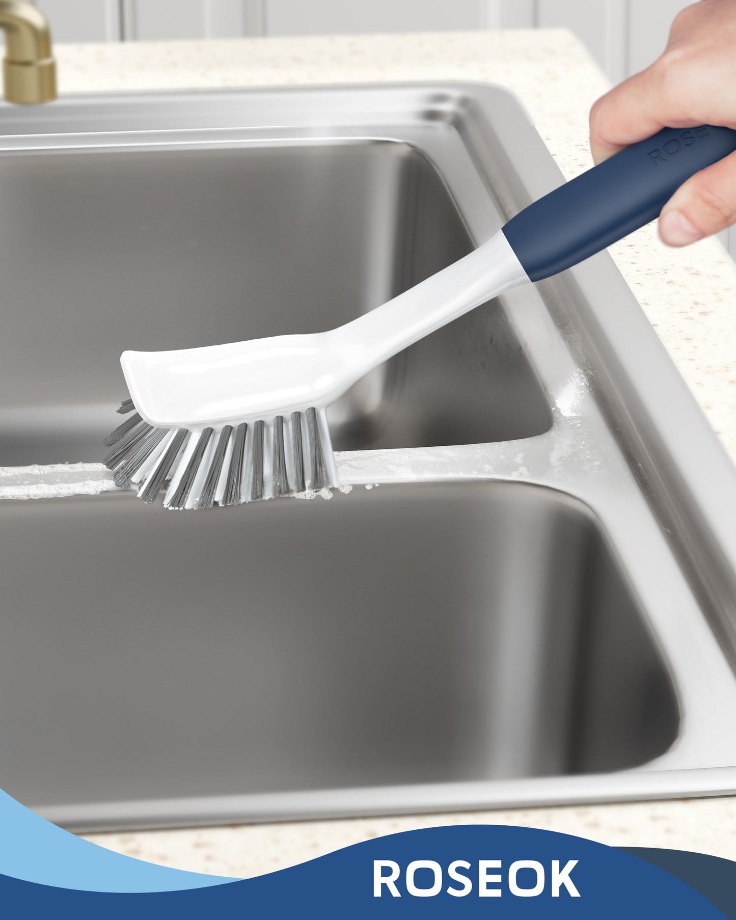 ROSEOK Dish Brush with Built-in Scraper,Kitchen Scrub Brush for Cleaning Dishes,Pots,Non-Stick Pans and Sinks,Navy Blue,2 Pack