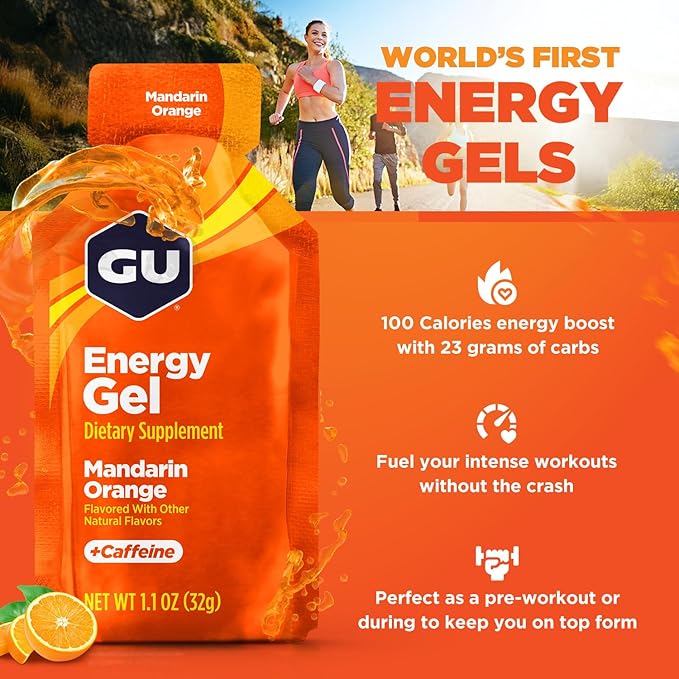 GU Energy Original Sports Nutrition Energy Gel, Vegan, Gluten-Free, Kosher, and Dairy-Free On-the-Go Energy for Any Workout, 24-Count, Mandarin Orange