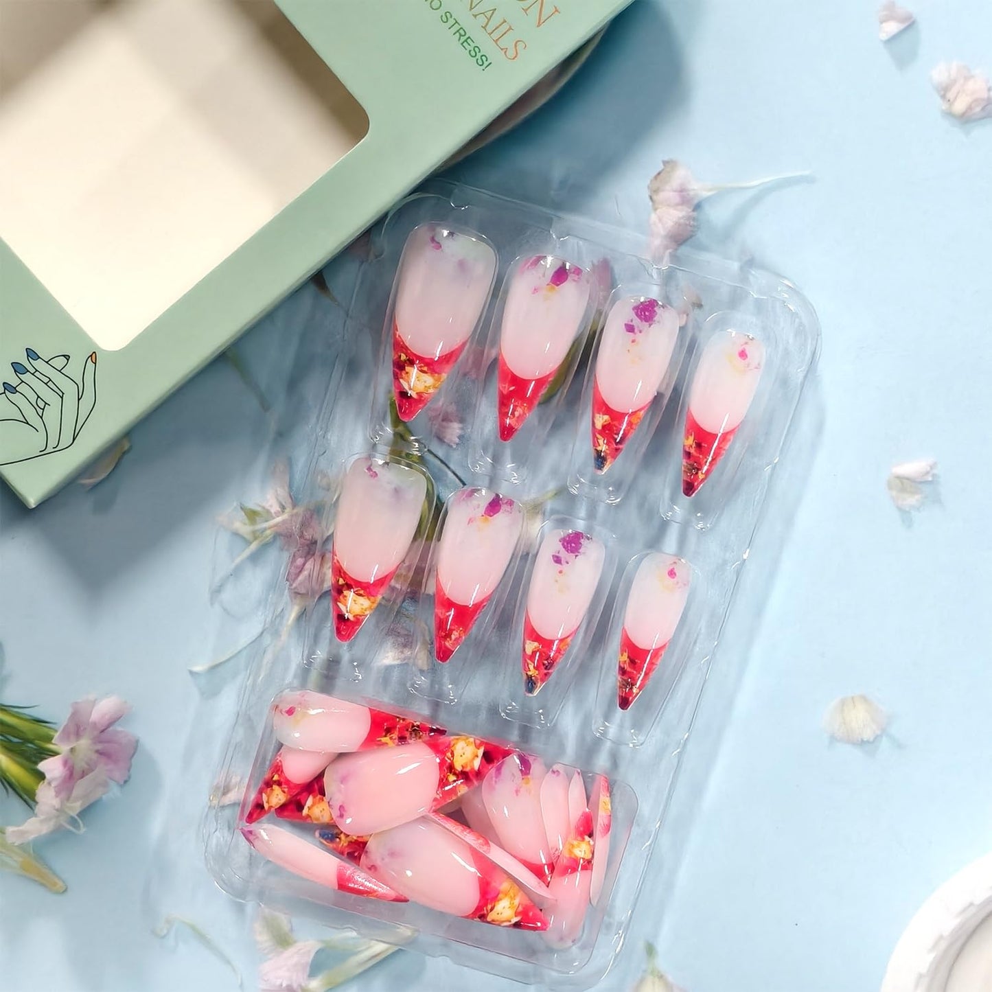 24Pcs Press on Nails Almond Shaped Artificial Acrylic French Orange Tips Rhombic False Nails with Design Medium Stick on Nail Full Cover Glossy Press Ons Artificial Fingernails for Women Manicure