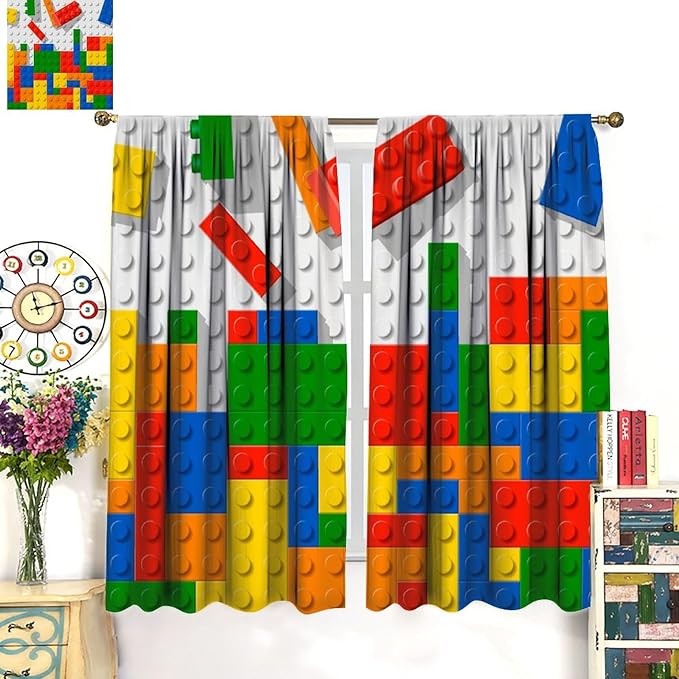 Building Blocks Toy Curtain Rod Pocket Children's Nursery Abstract Outline Colorful Plastic Toy Brick Geometric Print Pattern Curtain Boys Girls Bedroom Playroom 2 Panels 72x63in