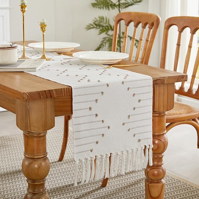 Wracra Boho Table Runner, Natural Cotton Woven Macrame Table Runners 72 Inches Long for Modern Farmhouse Woven Home Decor, 14x72 Inch, Taupe