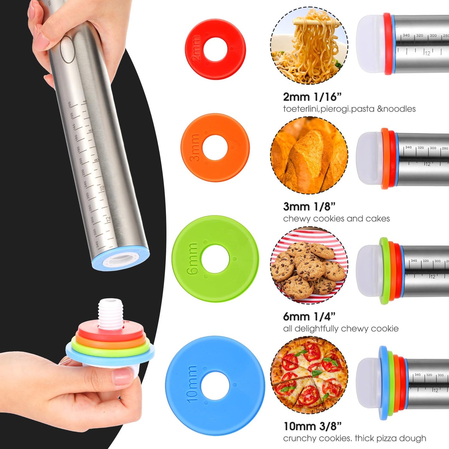 Dandat Rolling Pin with Adjustable Thickness Rings and Silicone Baking Pastry Mat Biscuit Cutter Bench Scraper Stainless Steel Dough Roller Rolling Pins for Baking Cookies Pie Pasta Pastries(Black)