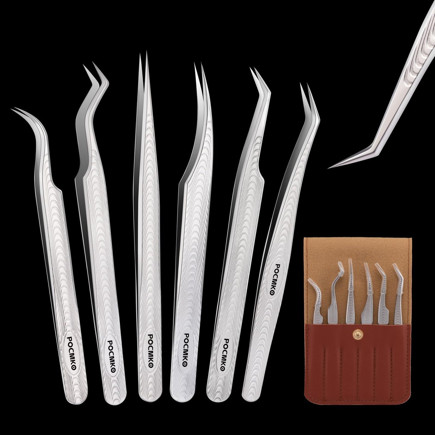 Lash Tweezers for Lash Extensions, High Precision Eyelash Tweezers Set for Individual Classic and Volume Lashes, Professional Lash Extension Tweezer Set for Lash Artists (Pack of 6, Sliver)
