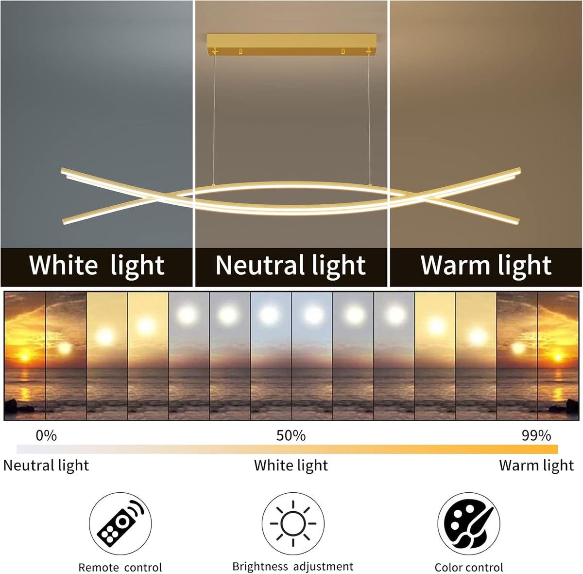 Modern Chandelier with 1%-100% Dimmable, Suitable for Dining Room, Bedroom and Living Room(Gold)