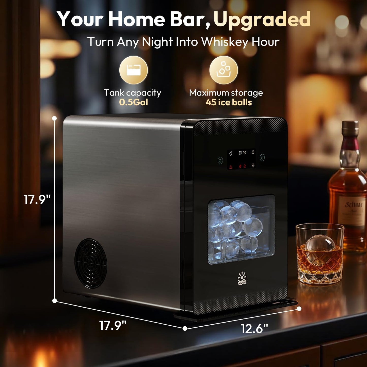 Oylus 2'' Clear Ice Ball Maker – 4 Ice Spheres in 35min, 144 pcs/Day, Auto&Manual Fill, Fast Round Ice Machine with LCD Touch Panel, Self-Cleaning, Home & Bar Maker for Whiskey Gift Mother's Day