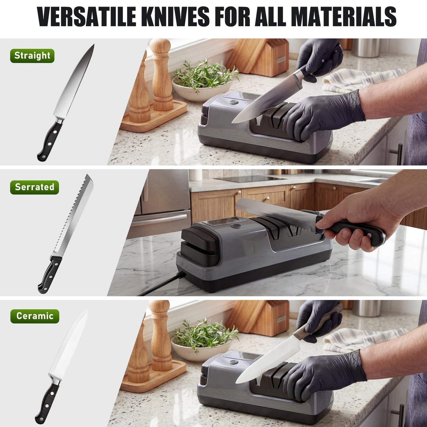 5-in-1 Electric Knife Sharpener for All Knives – Diamond Abrasive Sharpener with 3 Speeds & LCD Display | Sharpens Straight, Serrated, Kitchen Knives & Scissors | Automatic, Safe, Easy to Use (gery)