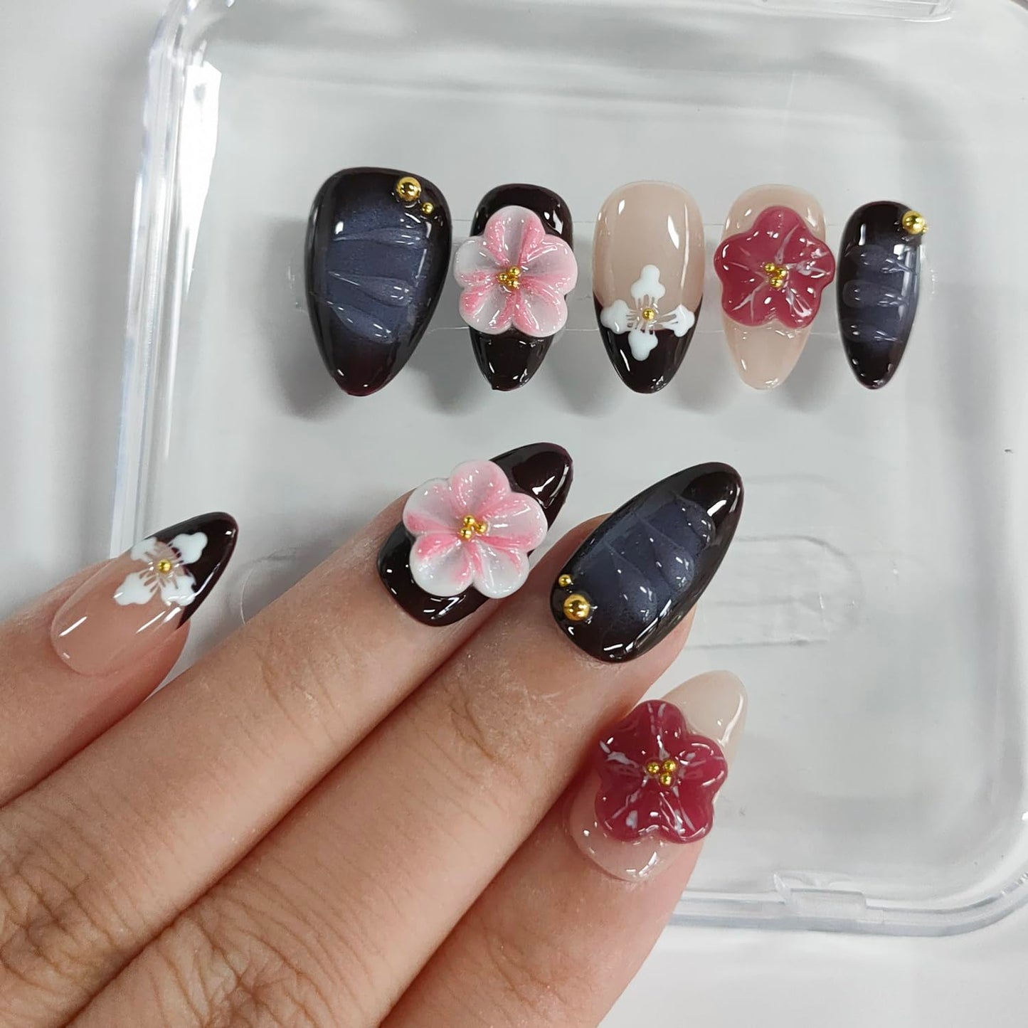 Handmade Press on Nails Almond Short 3D Floral Nails French Tip Thick Acrylic Fake Nails Purple False Nails with Pink Flower Designs Elegant Sturdy Nail Art Press on Nails 10Pcs(S)