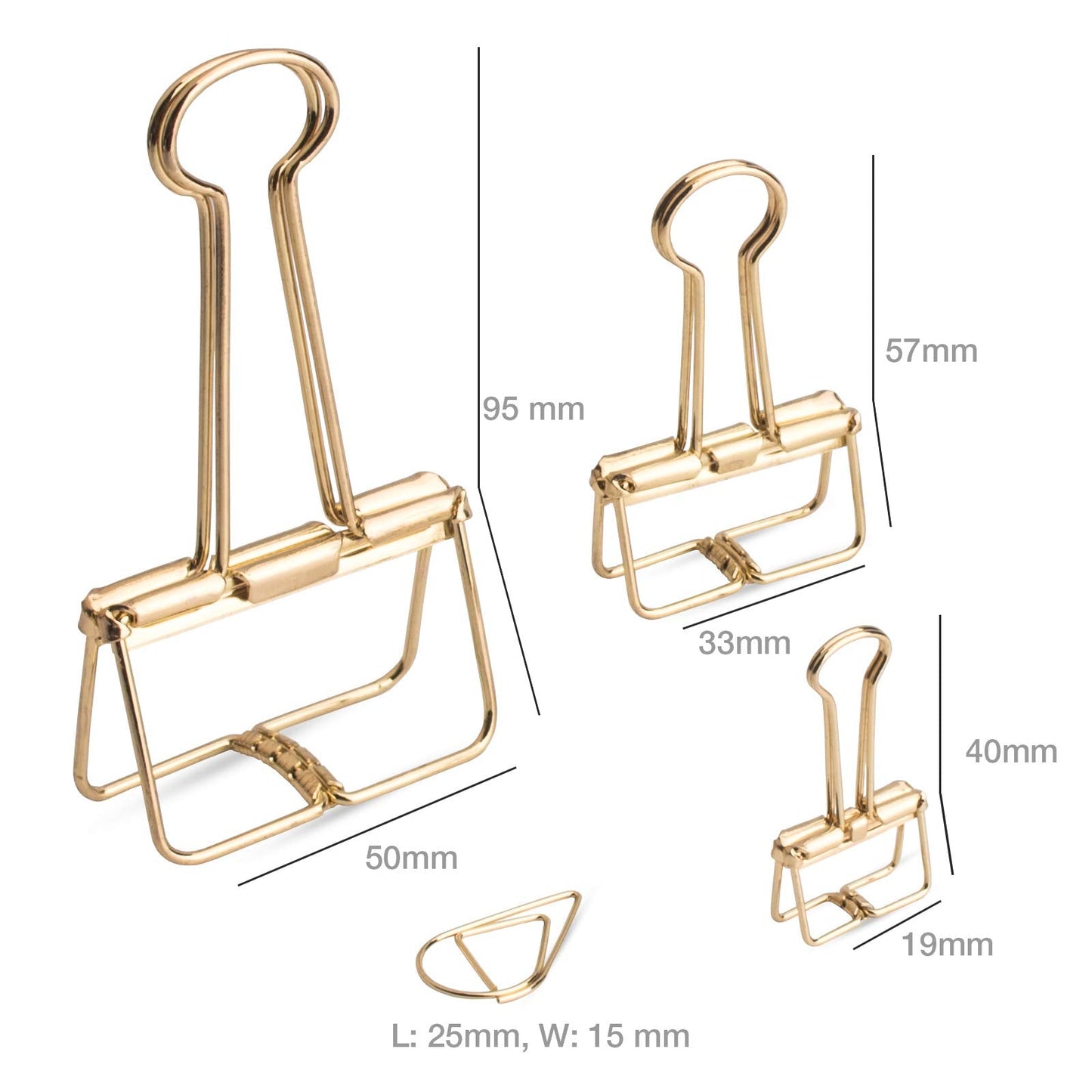 18 Pcs Gold Wire Binder Clips and 20 Pcs Cute Paper Clips Set Assorted Sizes, 2 Big 6 Medium 10 Small Smooth Steel Hollow Office Clamp Clips