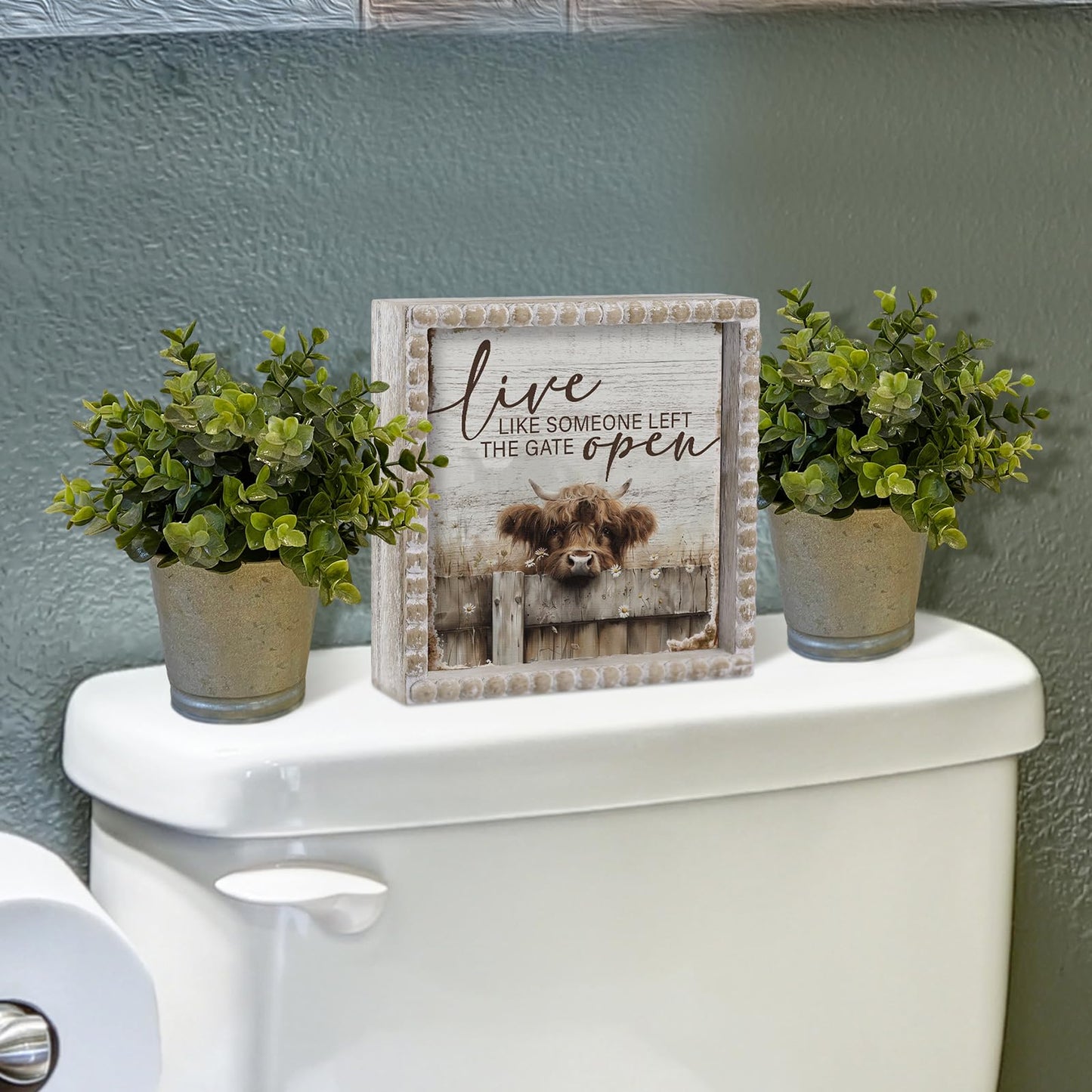 Yousoontic Highland Cow Farmhouse Bathroom Decor Wooden Sign Rustic Western Bathroom Decor 6 Inch Funny Restroom Decorative Plaque for Home Kitchen Shelf Table (Live Like Someone Left the Gate Open)