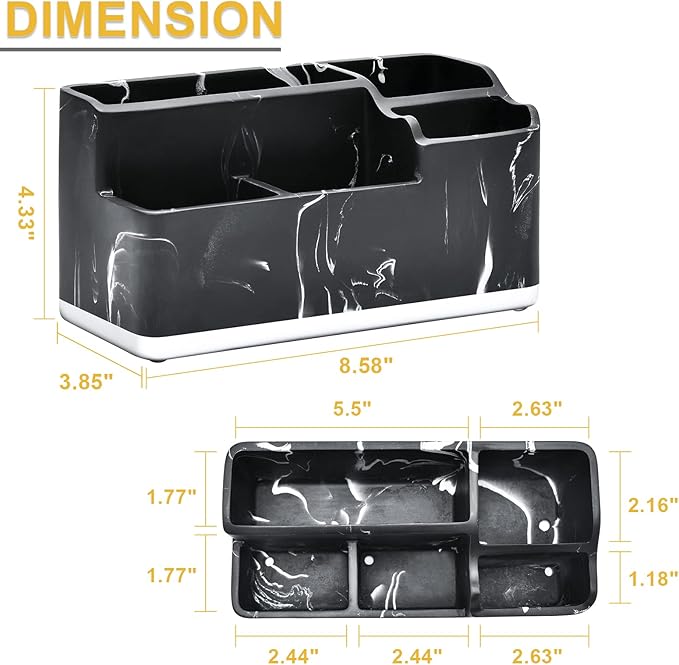 VITVITI Toothbrush Holders for Bathroom, Bathroom Organizer Countertop, 5 Compartment Bathroom Accessories Storage for Toothpaste/Vanity Counter/Sink, Black Resin of Marble Color