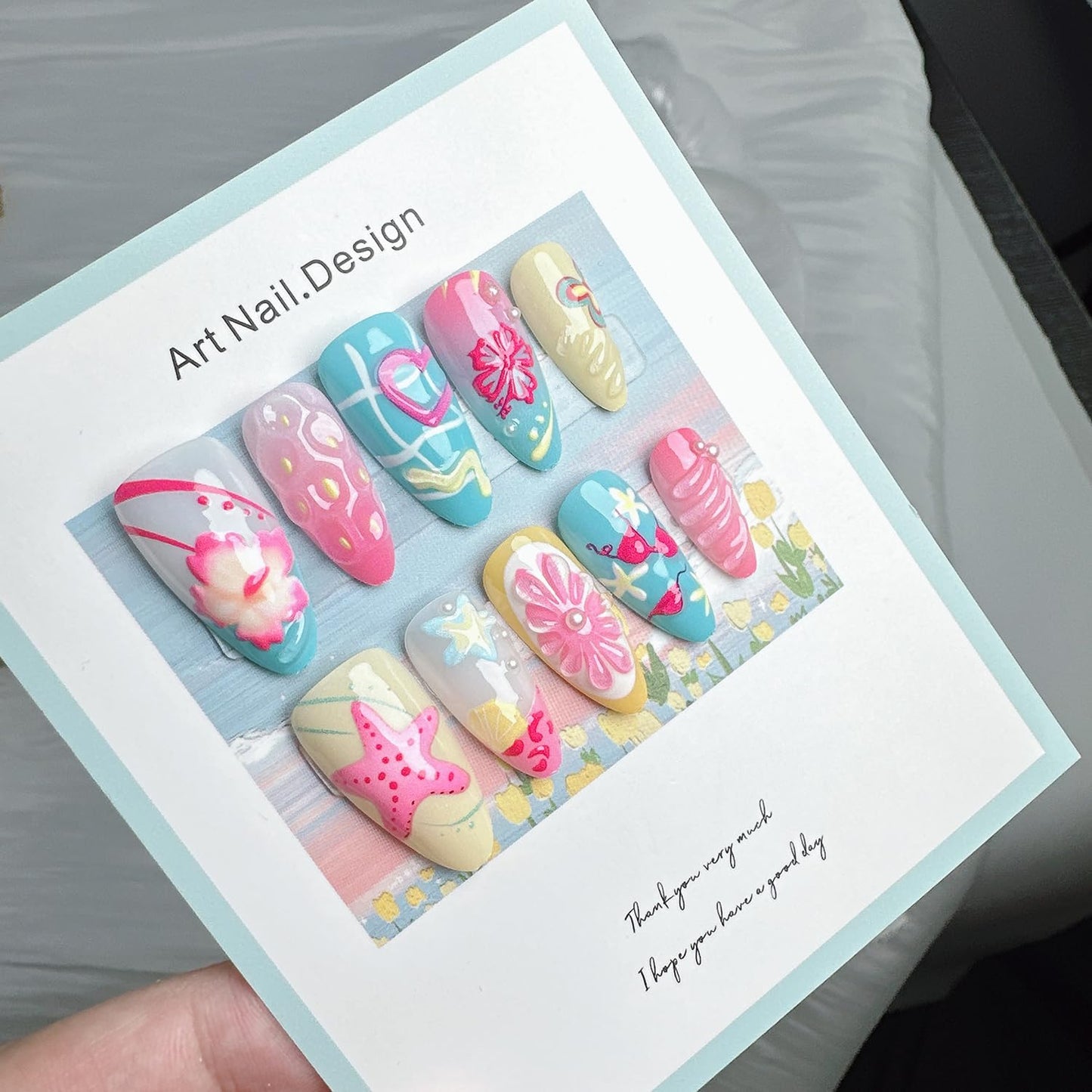30Pcs Handmade Press on Nails Medium Almond Fake Nails with 3D Designs Summer Beach Acrylic Nails Seashell Flower Glue on Nails Heart Starfish False Nail Lemon Butterfly Stick on Nail for Women