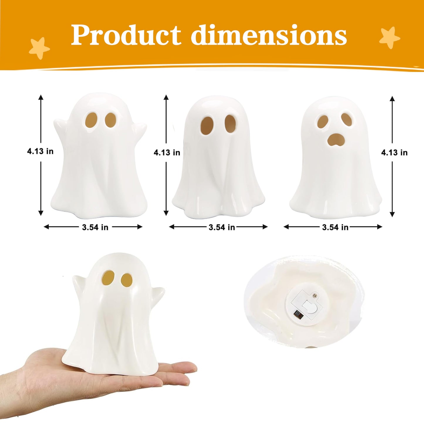 CUTEHO Cute Ghost Light Up Halloween Decor, LED White Ceramic Spooky Lanterns Decorative Light Halloween Party Decoration for Tiered Tray Shelf Table Centerpieces Desk Bedroom Room（3 Pack）