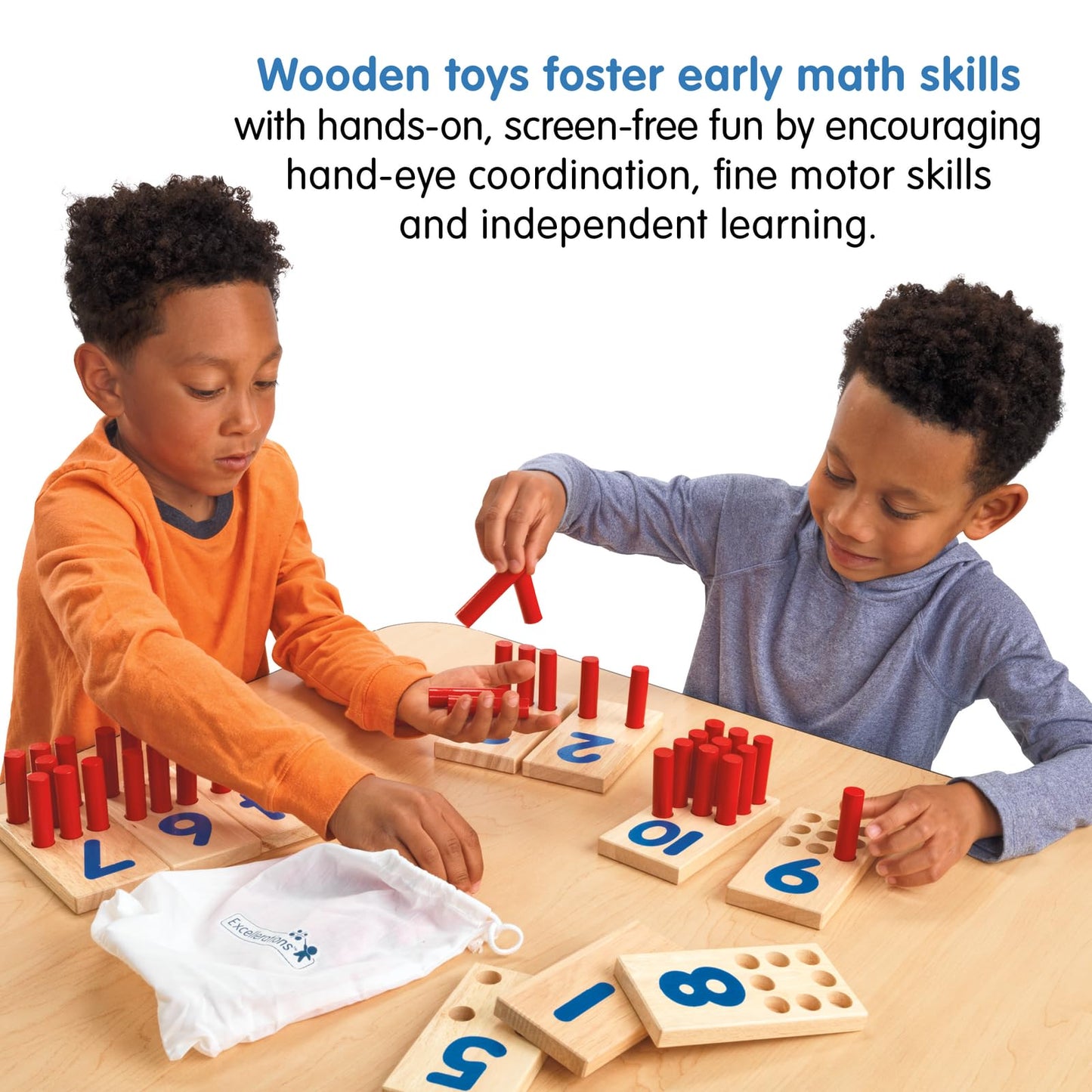 Excellerations Peg Number Board, Included: 10 Rubberwood Boards + 55 Wood Pegs + Storage Bag, Montessori Math Materials, Learning Manipulatives, Counting for Kids, Reggio Emilia Classroom Essentials