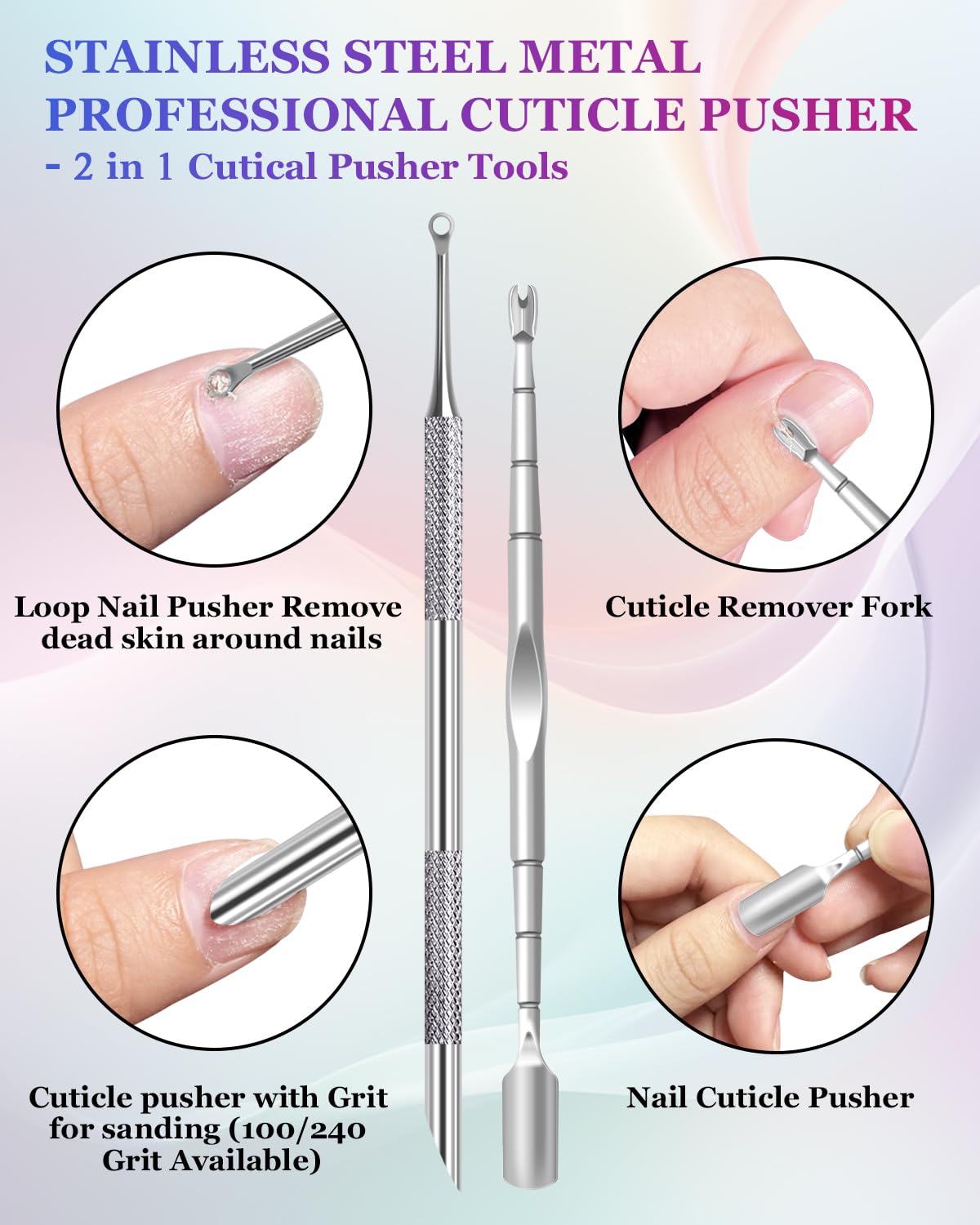 Cuticle Pusher, Pre-treatment Cuticle Pusher, Stainless Steel Loop Cuticle Pusher Dead skin fork, Cuticle Nail Tool with 100#/240# Grit Nail Files and 1 Pcs Storage Bags, For Salon & Home Use (2 Pack)