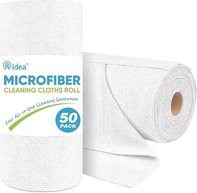 AIDEA Microfiber Cleaning Cloth Roll, White 50PK, Tear Away Reusable Paper Towels, Commercial Shop Rags, Microfiber Towels for Cars, Lint Free Rags for House, Kitchen, Automotive, 11.5"×11.5"