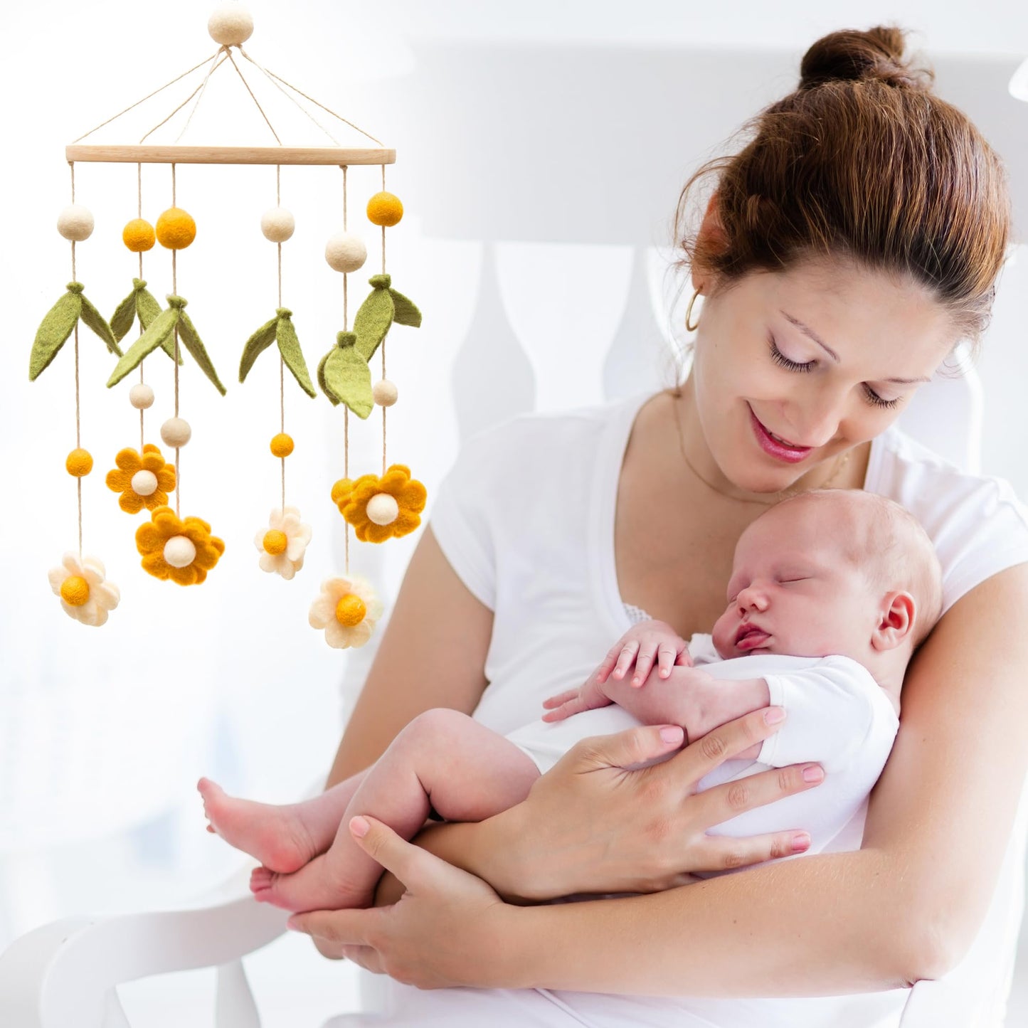 GLACIART ONE Baby Nursery Flower Mobile for Crib | Gender Neutral Mobile for Daisy Nursery Decor | Felt Hanging Leaves & Daisy Flowers Room Decorations Handmade from Natural Wool | Great Gift Idea