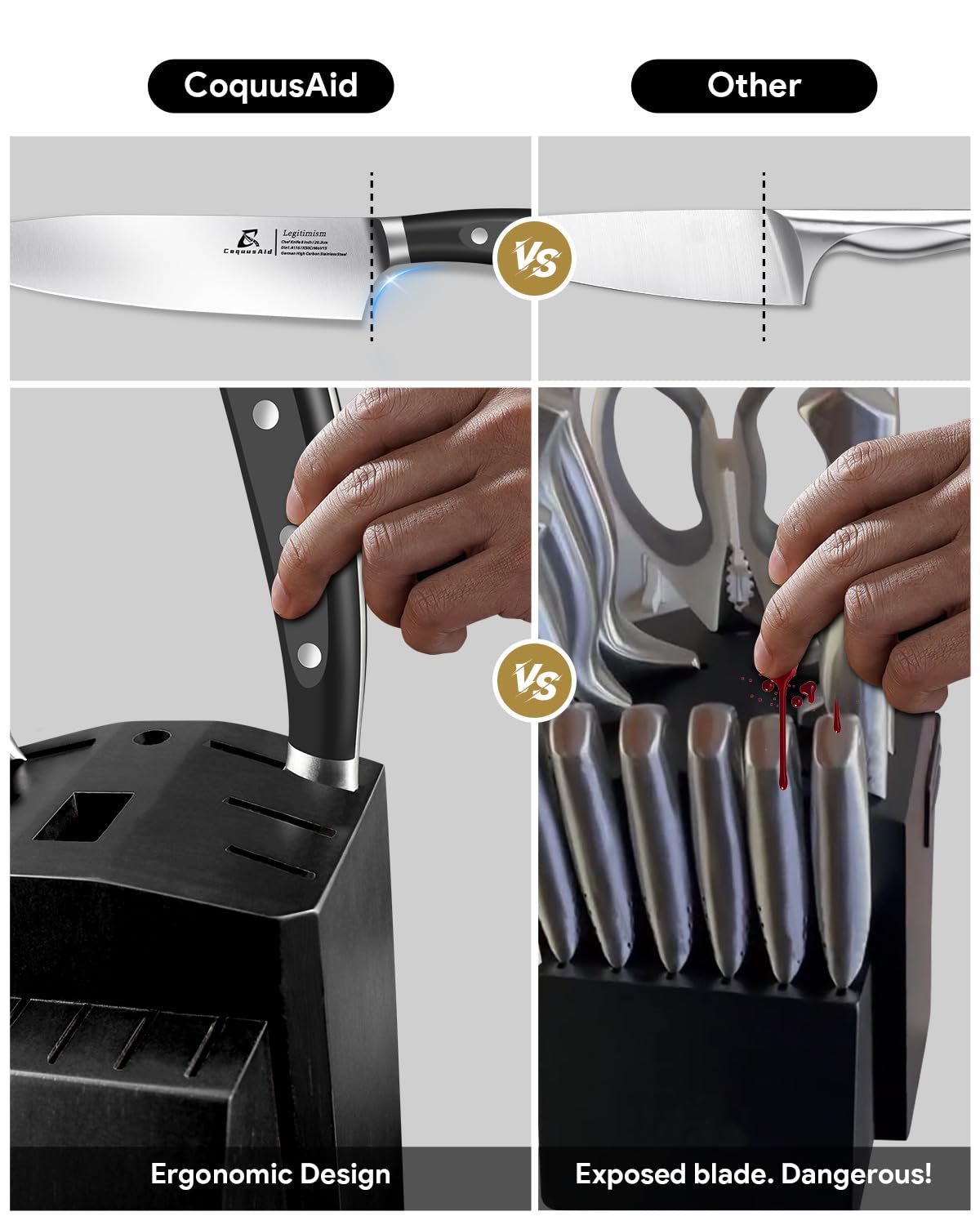 CoquusAid Knife Set, Upgrade 15 Pcs Knife Block Set with Widened Ventilated Slot, German Stainless Steel Kitchen Knives Set with Sharpener, Professional Chef Knives Set, Full Tang Ergonomic Handle