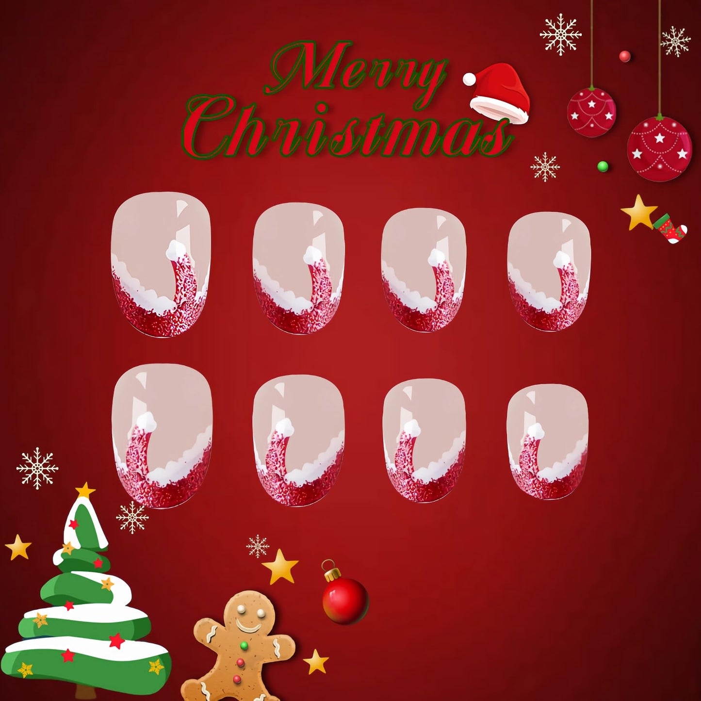 BABALAL Christmas Press on Nails Short Almond Fake Nails Red French Tip Glue ons Nails Christmas Hat Design Acrylic Nails 24Pcs Stiletto False Nails Xmas Bling Stick on Nails