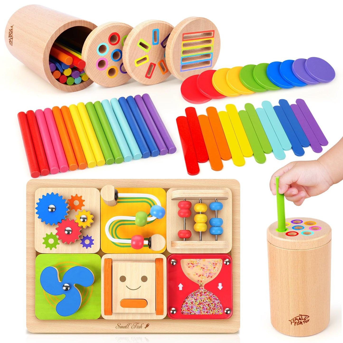 SMALL FISH Wooden Montessori Baby Toys and Toddler Busy Board Bundle