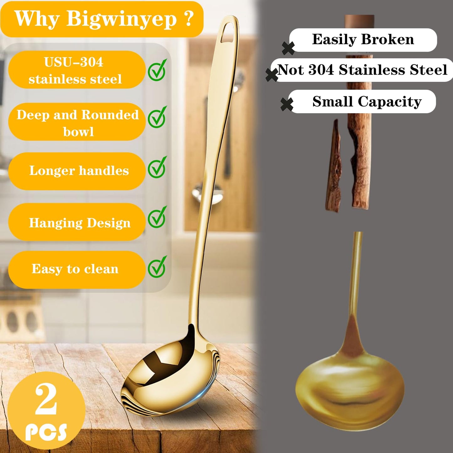 Soup Ladle, 2Pcs Stainless Steel Ladle spoon, 12.2Inch Metal Long Handle Serving Spoon for Cooking Buffet, Party, Kitchen, Gold