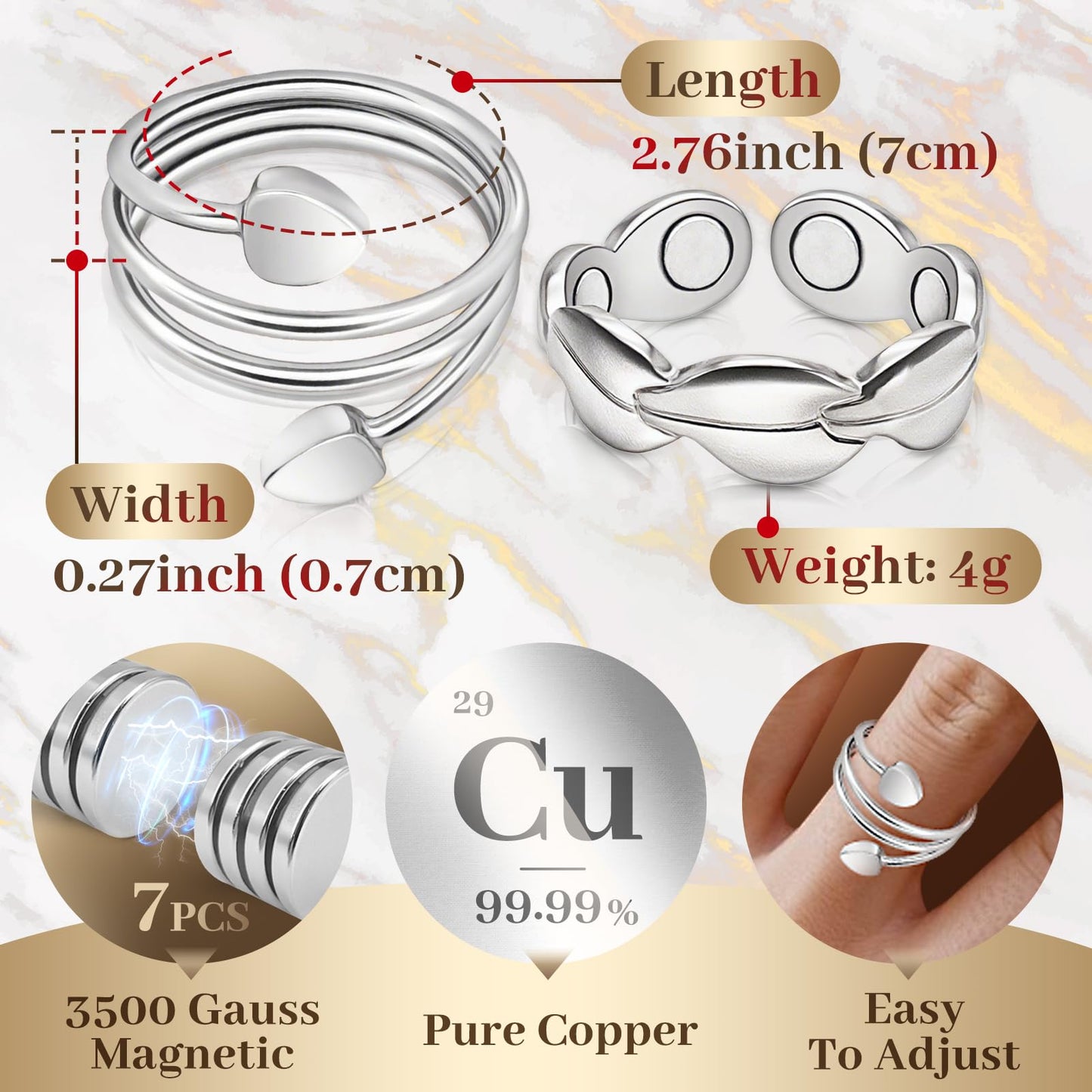 Auramag Copper Rings for Women, Lymphatic Drainage Magnetic Thumb Ring with Magnet, 99.99% Pure Copper Jewelry Gift with Box(Set of 2)