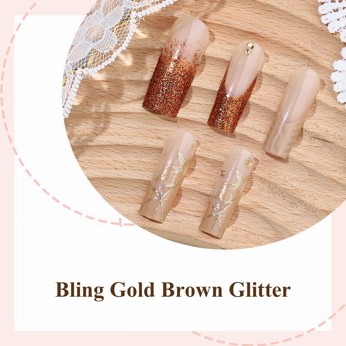 MISUD Press on Nails - Long Square Fake Nails with Gold Brown, Acrylic Bling Glitter Design 24 pcs