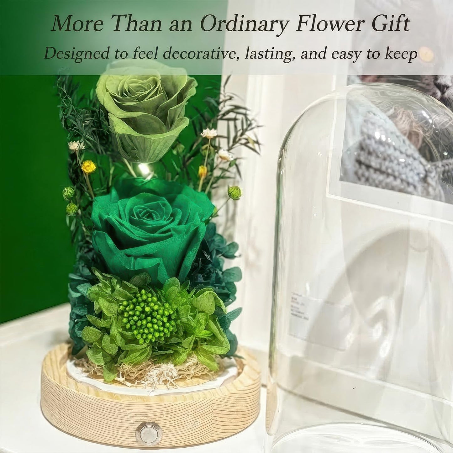 Regalo Flor Preserved Flowers Gifts for Women, Unique Green Preserved Roses in Glass Dome, Forever Flowers for Mom, Birthday Gifts for Women