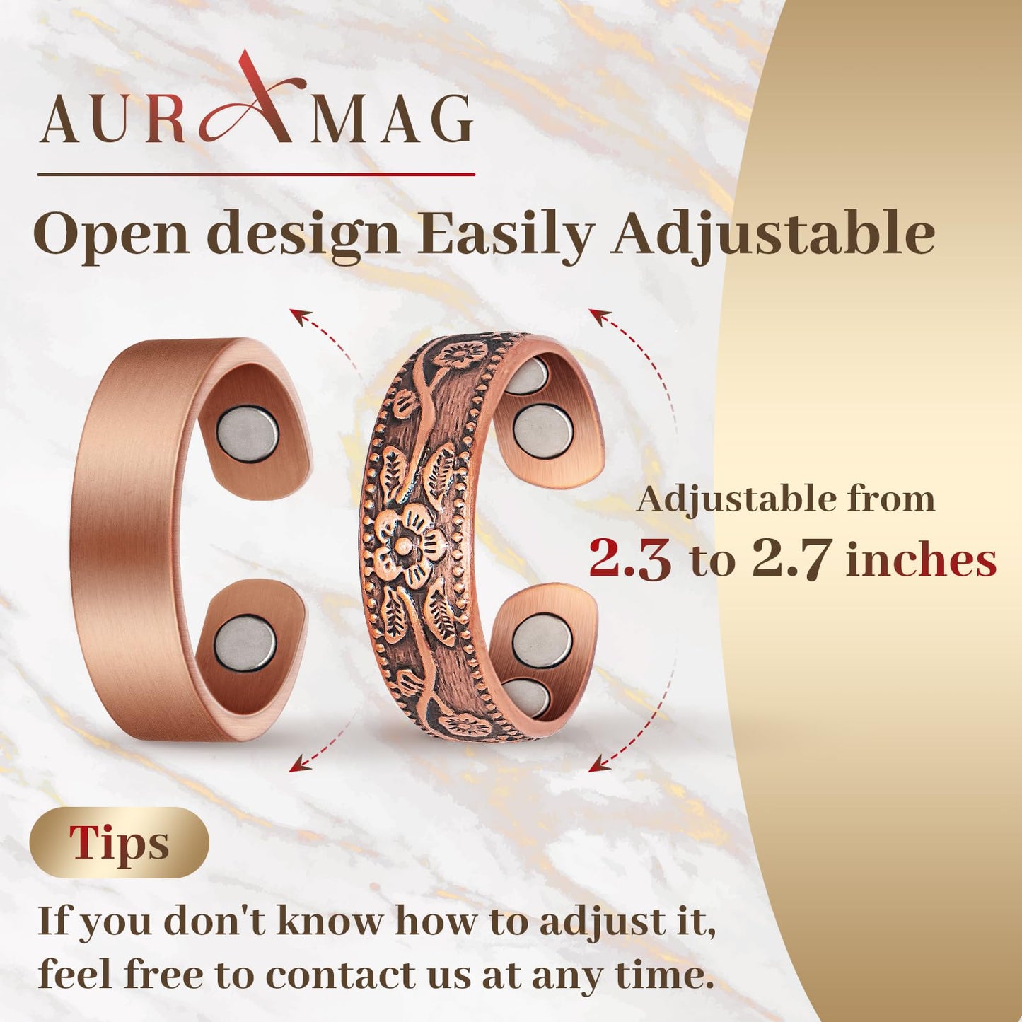 Auramag Copper Rings for Women, Thumb Rings 99.99% Pure Copper Magnetic Rings with 3500 Gauss Magnets, Copper Jewelry Gift Adjustable (2 PCS)
