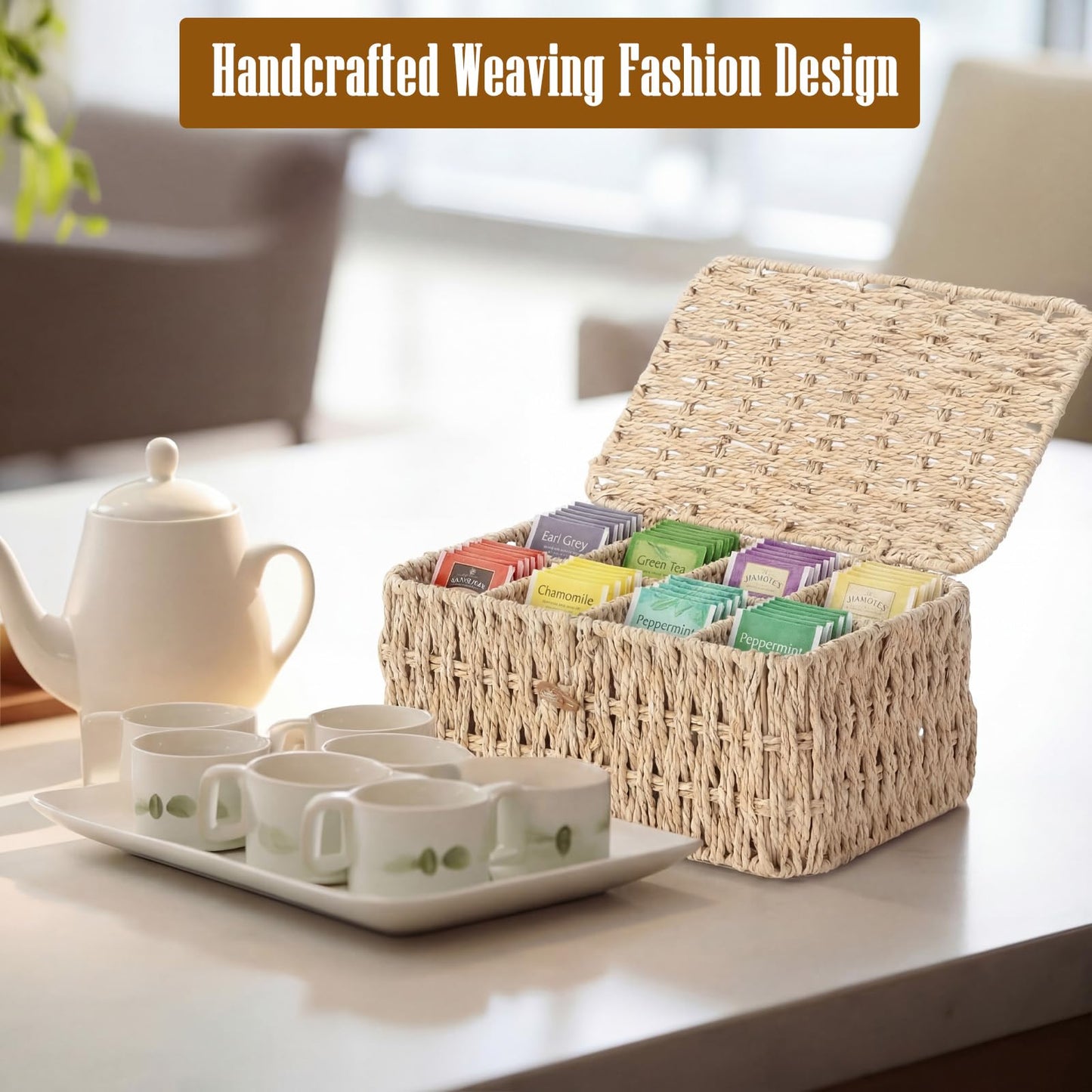 Sieral Tea Bag Organizer/Sugar Packet Holder with Lid 8 Compartment Paper Rope Woven Tea Storage Box for Chest Coffee Pill Condiment Organizer Wicker Divider Container for Countertop Drawer Shelf