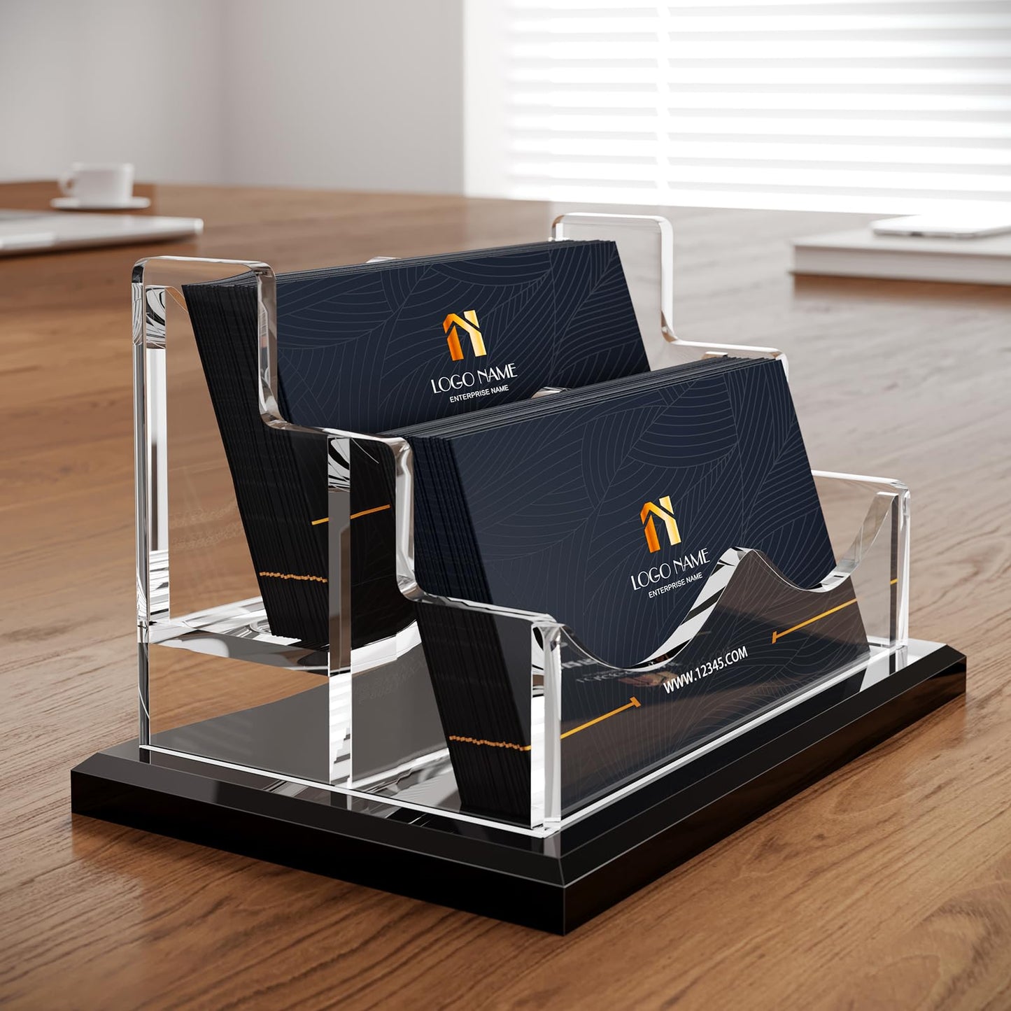 PARTSPOWER Acrylic Business Card Holder for Desk, Horizontal Clear Business Name Card Display, Solid Black Acrylic Base, Desktop Accessory Business Name Card Organizers (2-Slot)