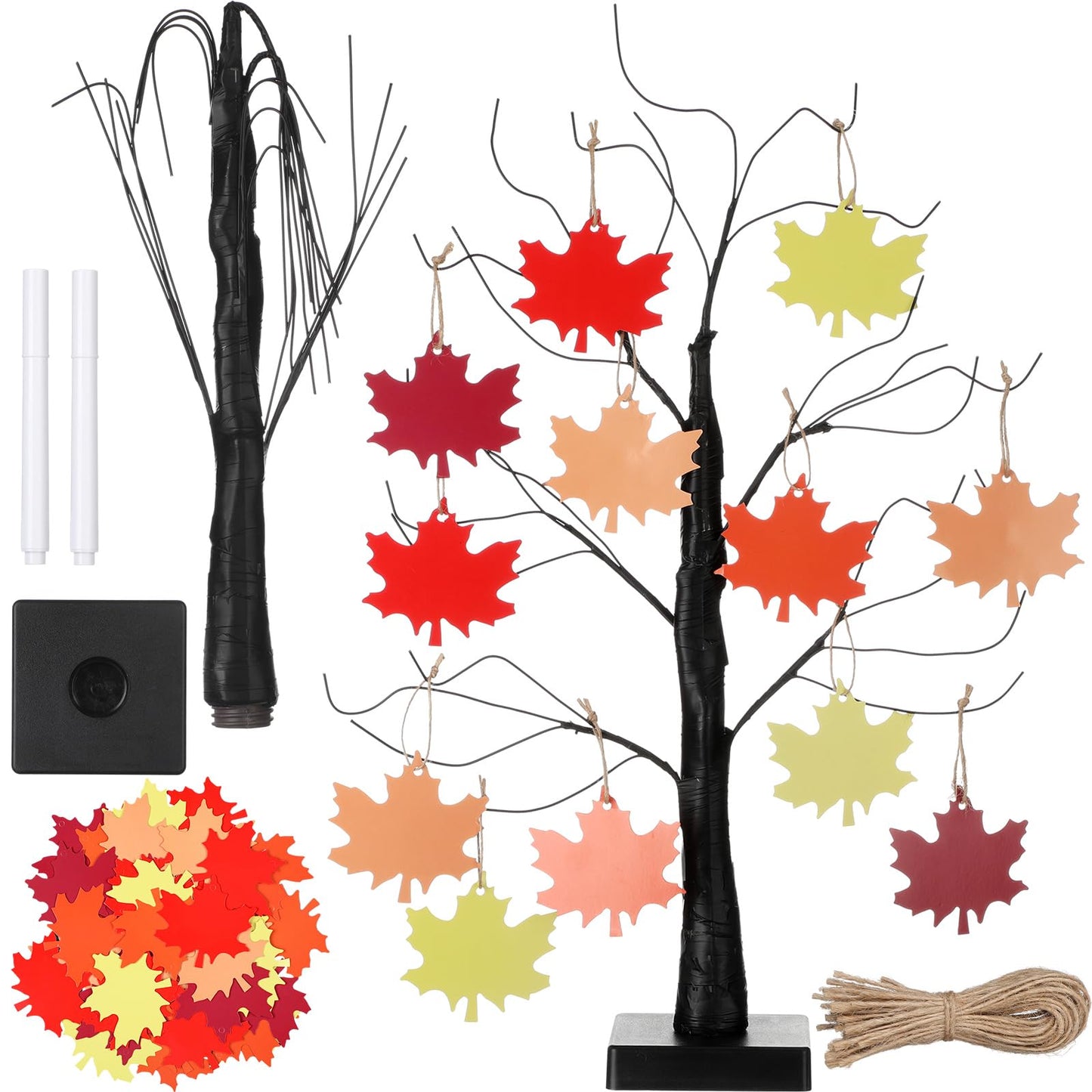 Briwooody 24” Thanksgiving Gratitude Tree with Leaves Kit Seasonal Holiday Decoration with Writing Pen Hemp Rope DIY Fall Decorations Craft Kit for Autumn Home Desktop Thanksgiving Decor(Maple Leaf)