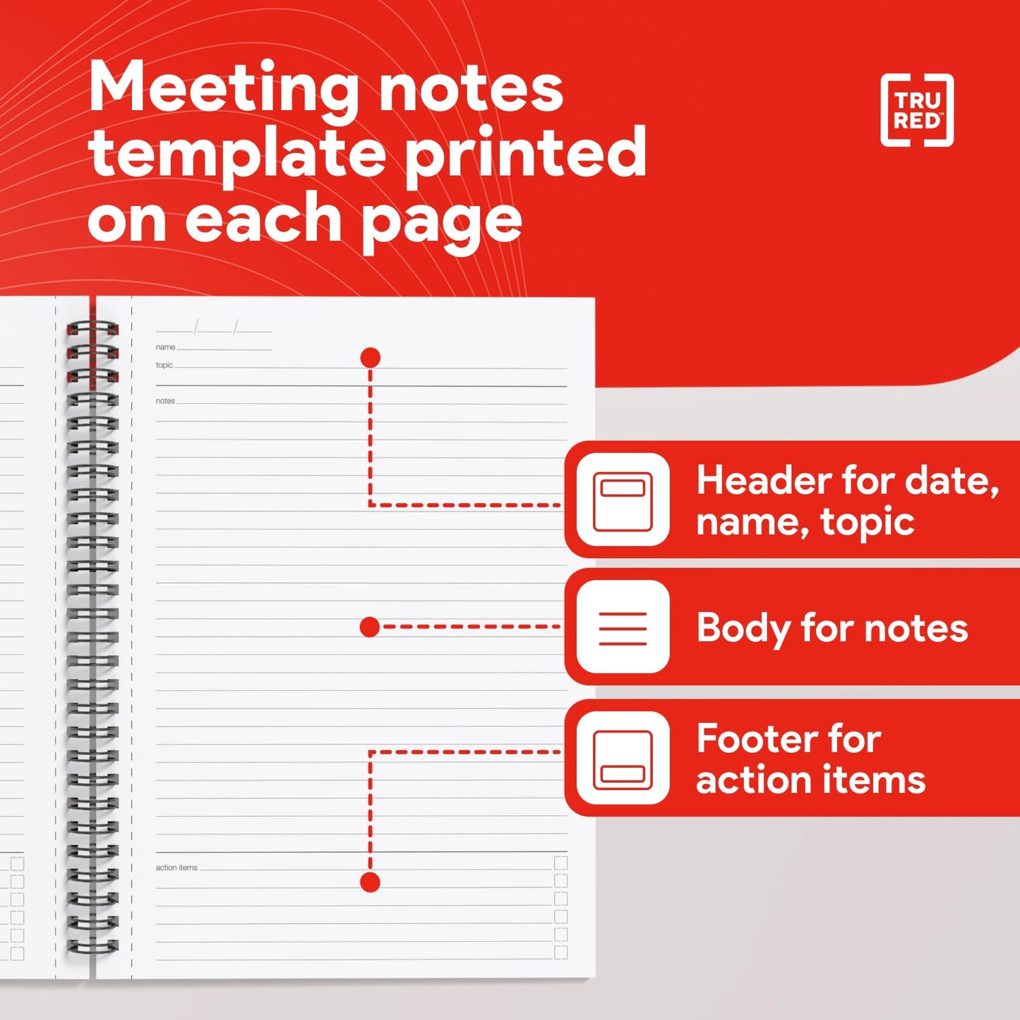 TRU RED Medium Soft Cover Meeting Notebook, Black – Ruled, Spiral Bound, 80 Sheets, Interior Pocket