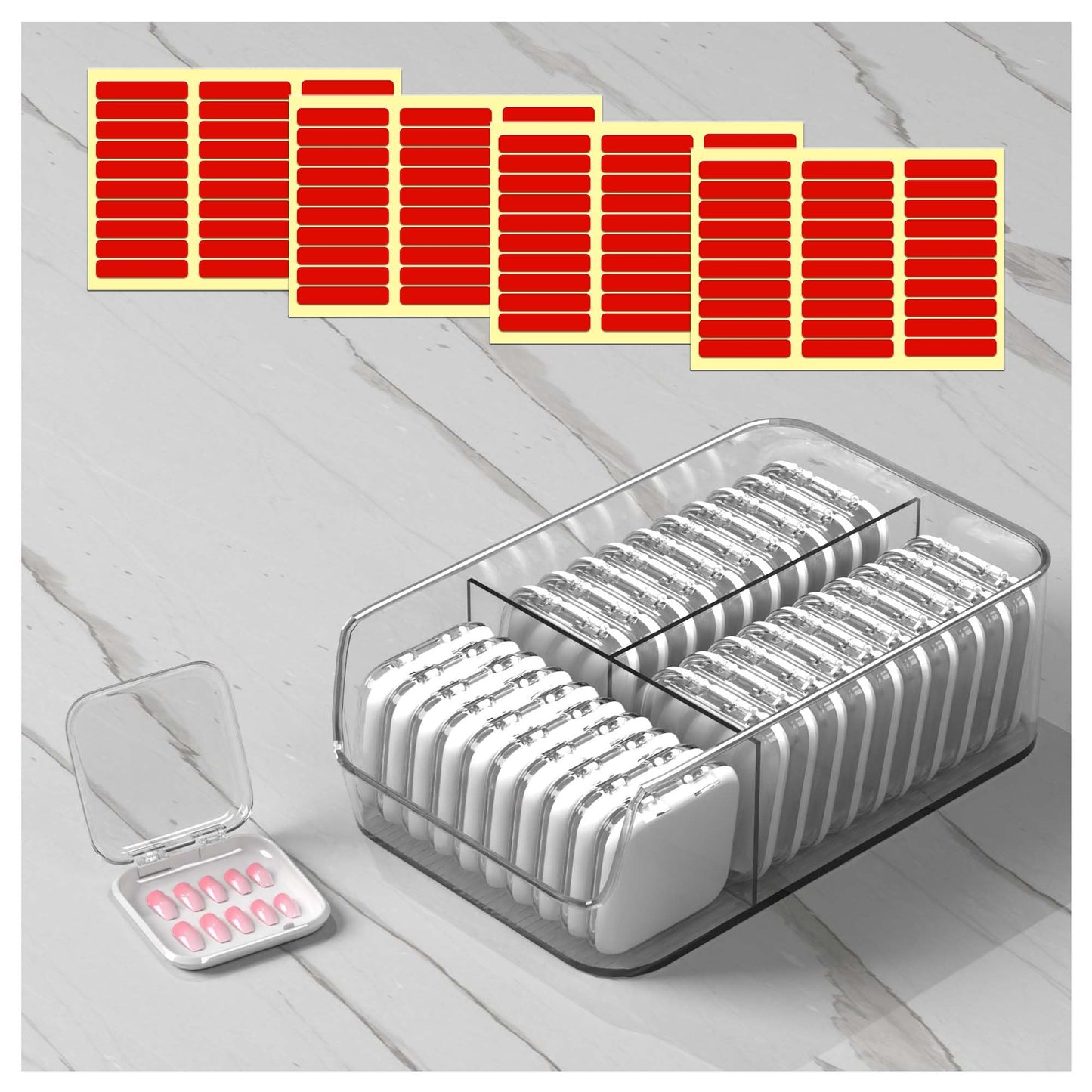 30 Pcs Press On Nail Storage Box Container False Nail Organizer Acrylic Display Case with a Large Stackable All-In-One Box and 120 Pcs Double Sided Adhesive Nail Display Tape (White)