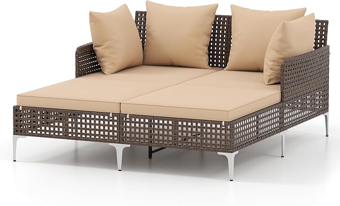 HAPPYGRILL Outdoor Patio Daybed PE Rattan Sunbed with Pillows and Cushions, Heavy-Duty Metal Frame, Outdoor Bed Lounger for Porch, Backyard and Poolside (Beige)