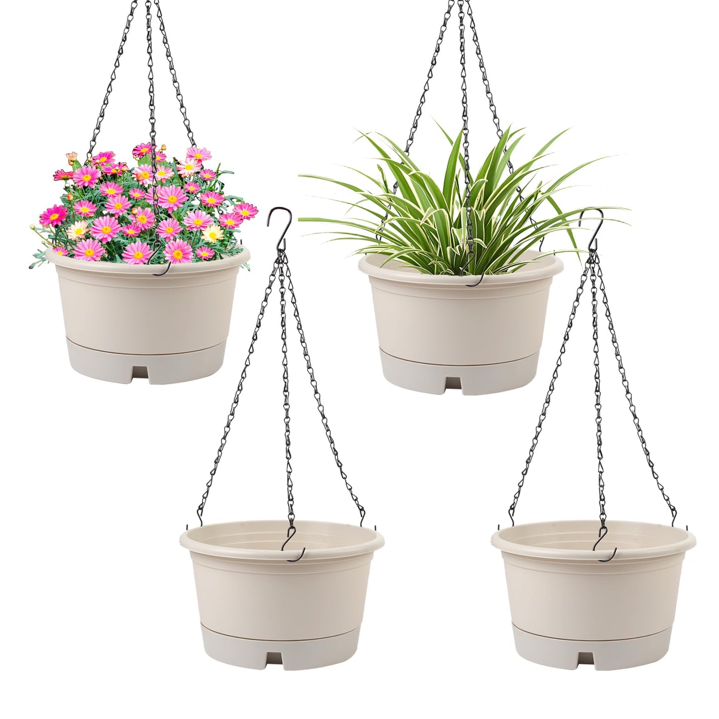 Svxtoby 10 Inch Hanging Planters for Indoor Plants, 4 Pack Plastic Hanging Baskets with Removable Trays & 15.7" Chain, Outdoor Hanging Plant Pot for Home Garden Porch Balcony Patio Decor (Beige)