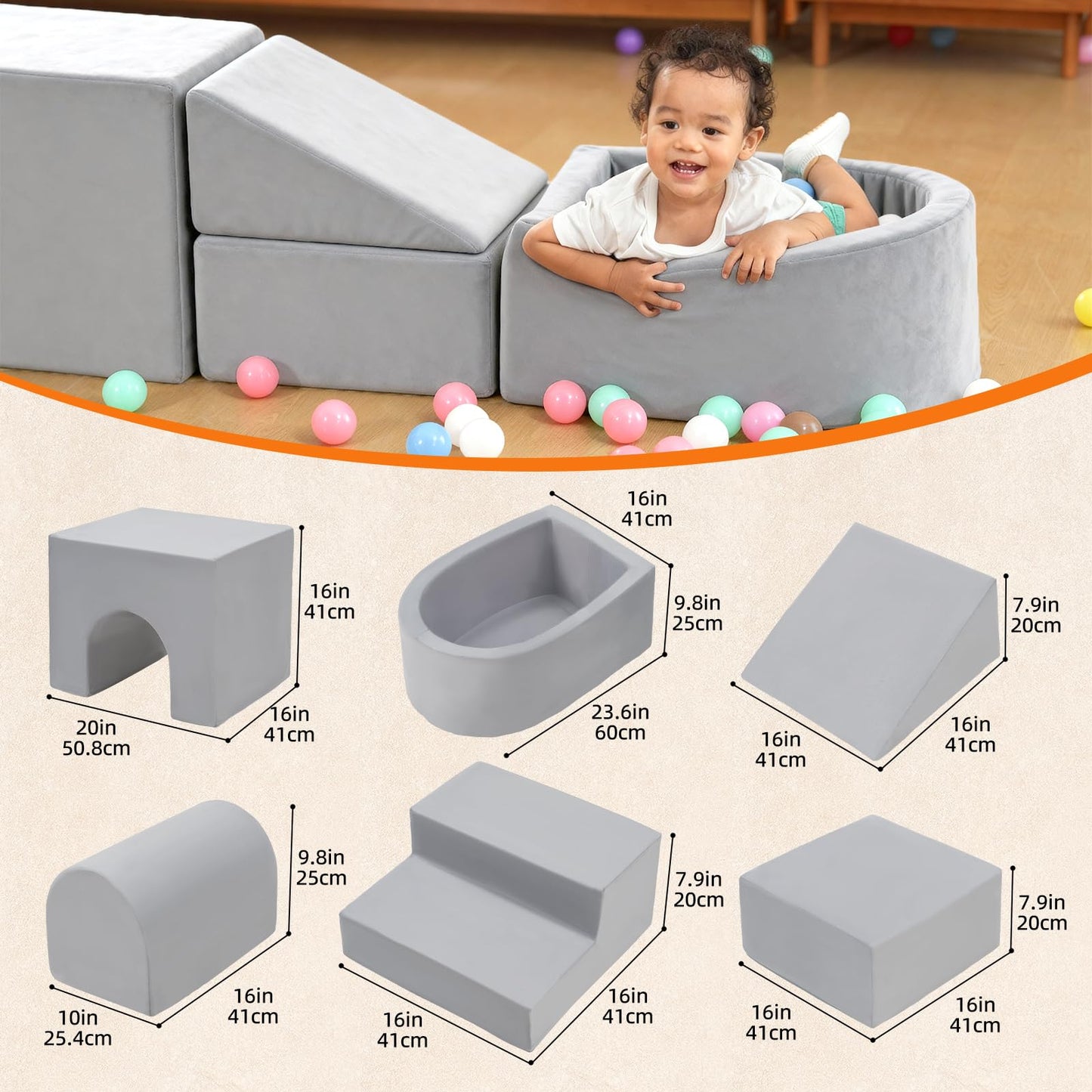 VENSEEN 6-Piece Baby Climbing Toys Set, Soft Foam Climbing Blocks with Ball Pool, Indoor Play Gym for Toddlers 1-3, First Gift for Crawling, Sliding